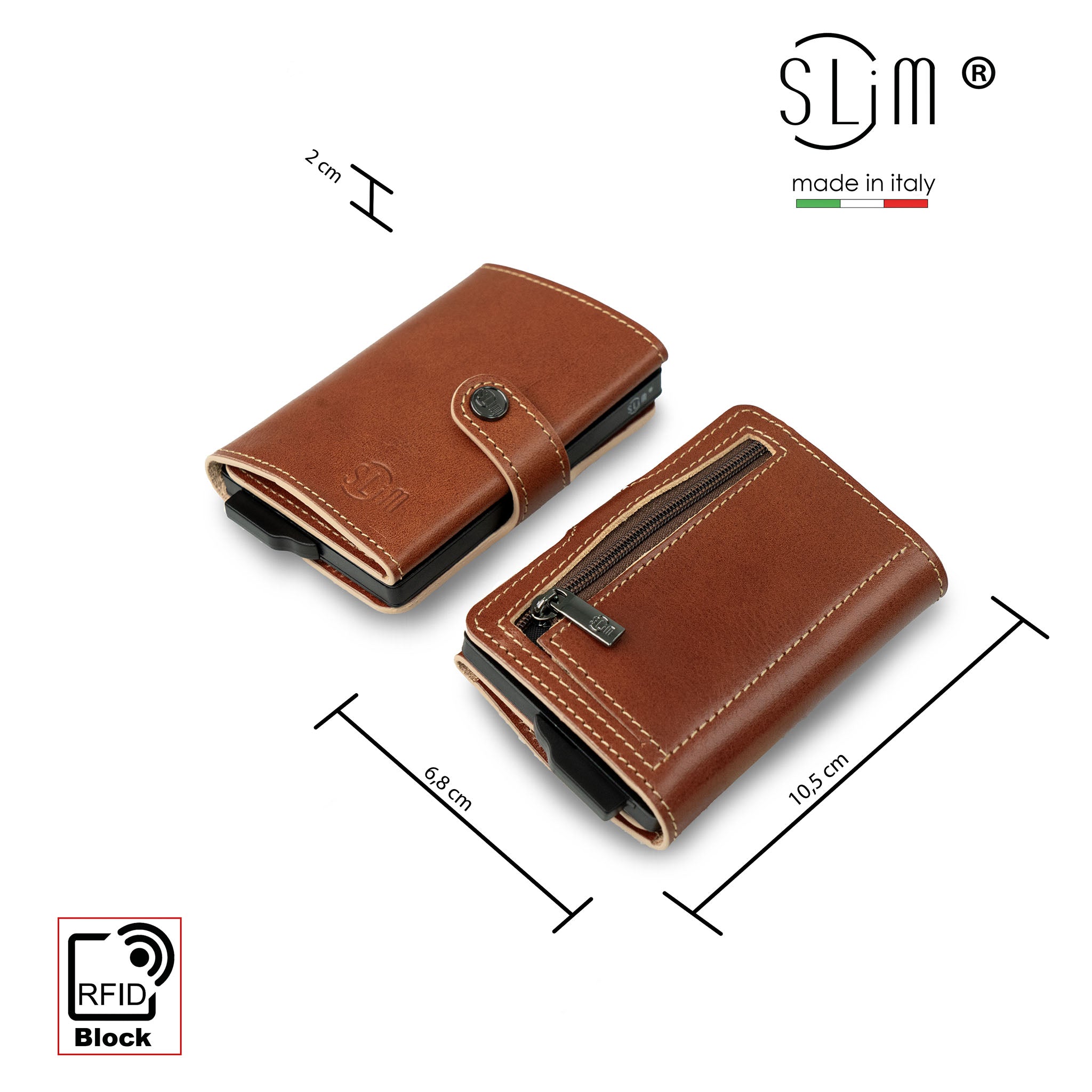 SLim Vera Pelle Porta Carte Cognac Zip Concia Vegetale