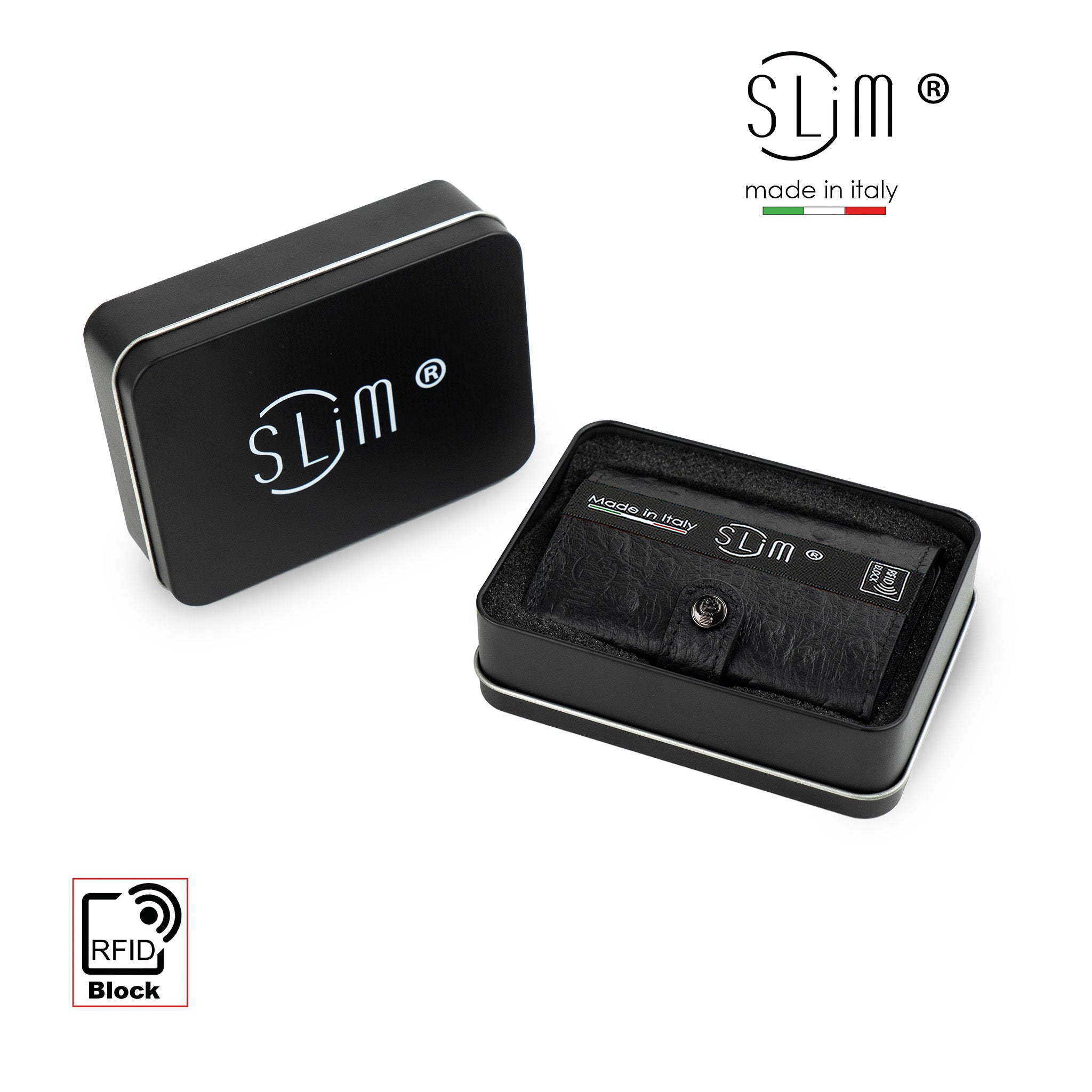 SLim Vera Pelle Portafoglio Nero Stampa Struzzo RFID
