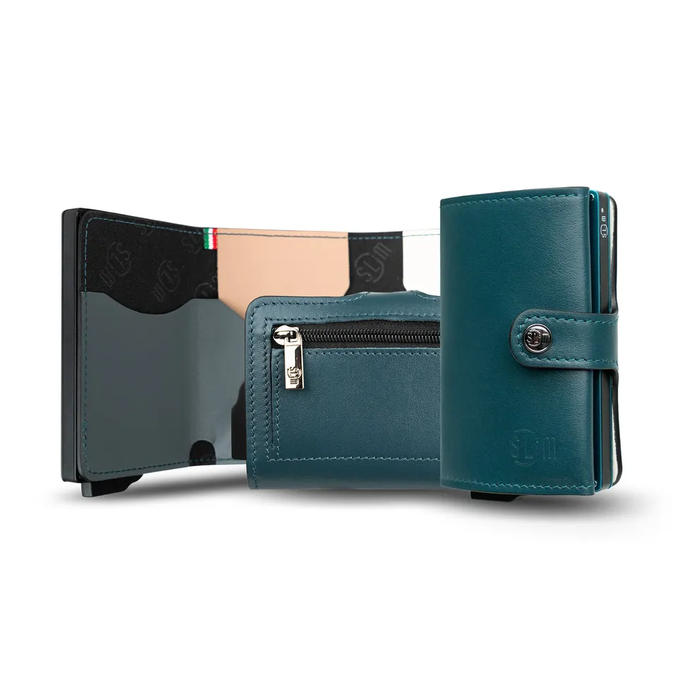 SLim Vera Pelle Portafoglio Blu Petrolio Zip 10,5cm