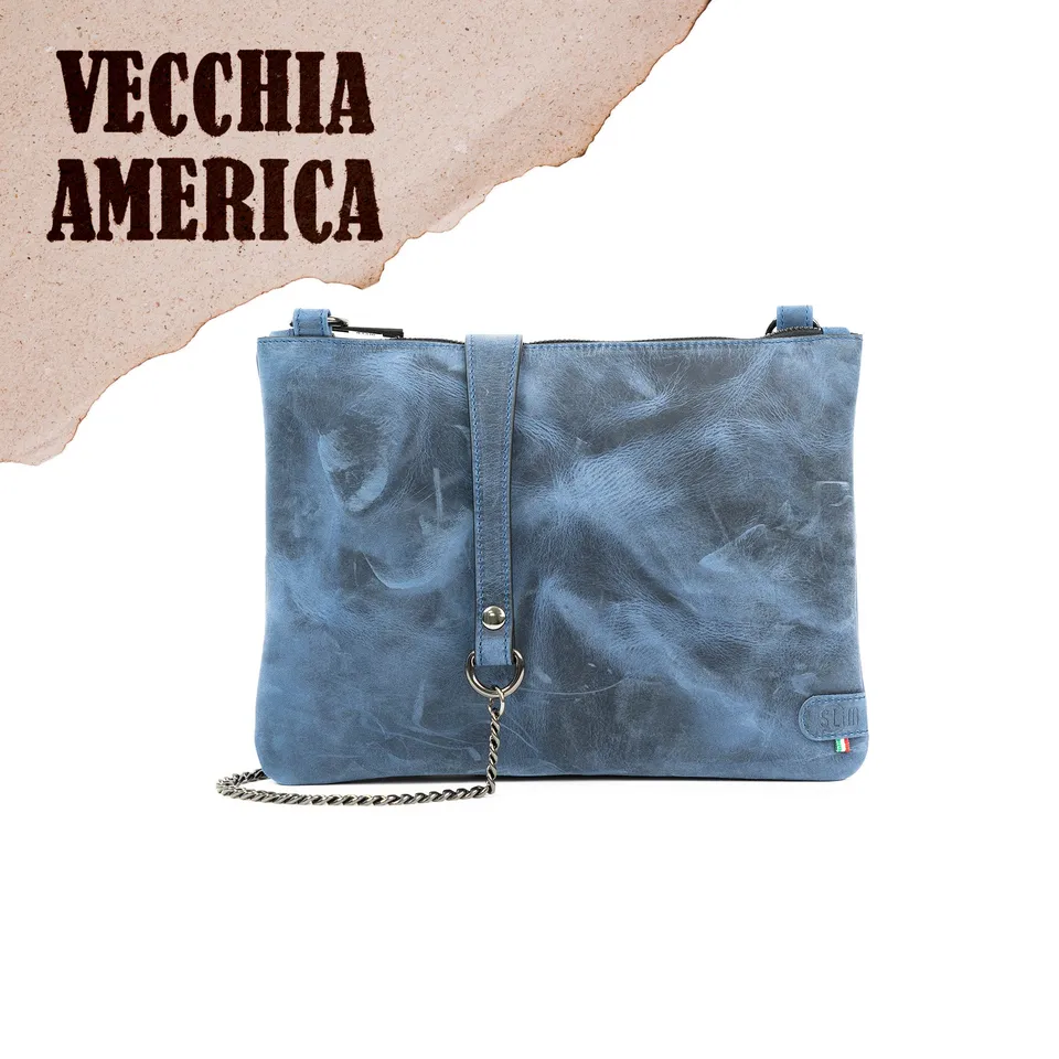 SLim Pochette Tracolla Vera Pelle Crazy Blu 23 cm
