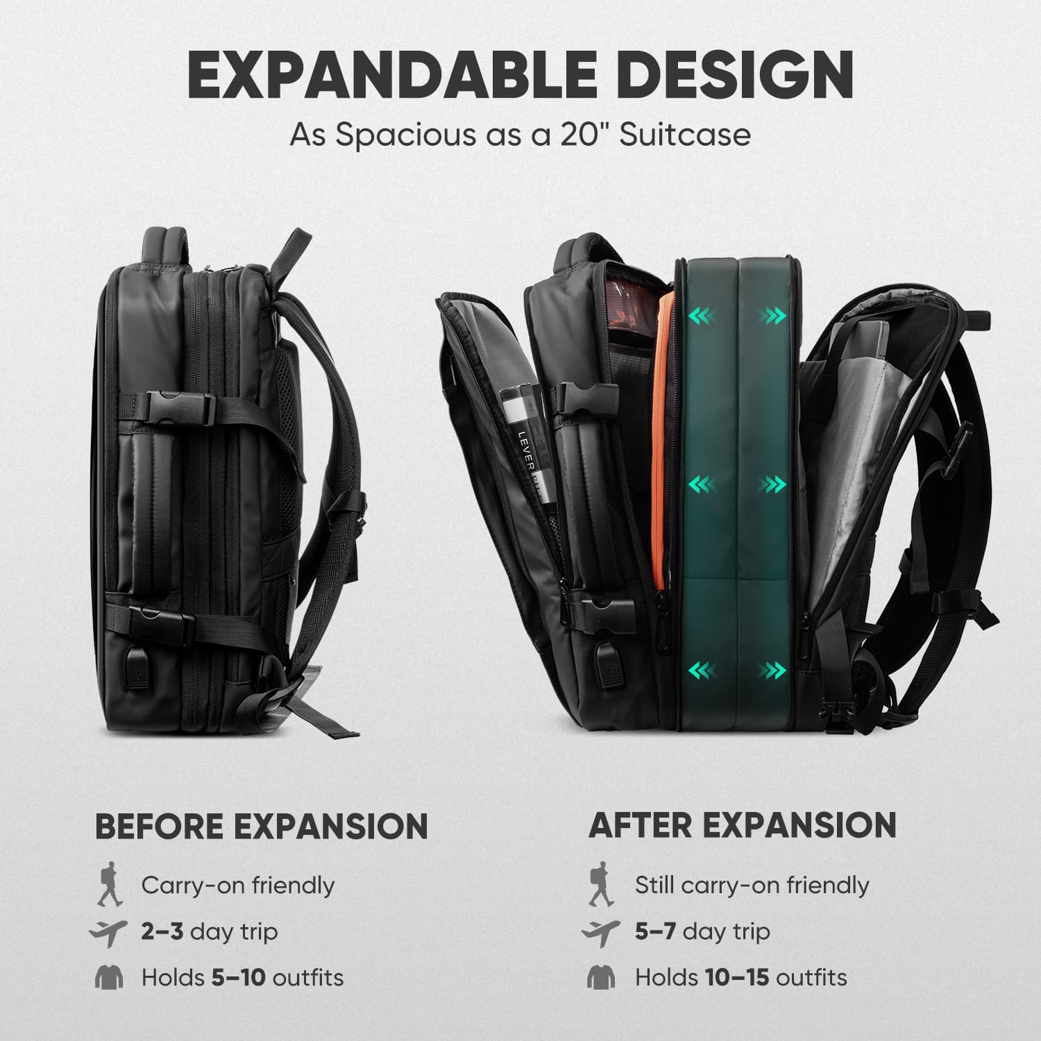 VULKIT Backpacks VBP100 zaino viaggio espandibile nero