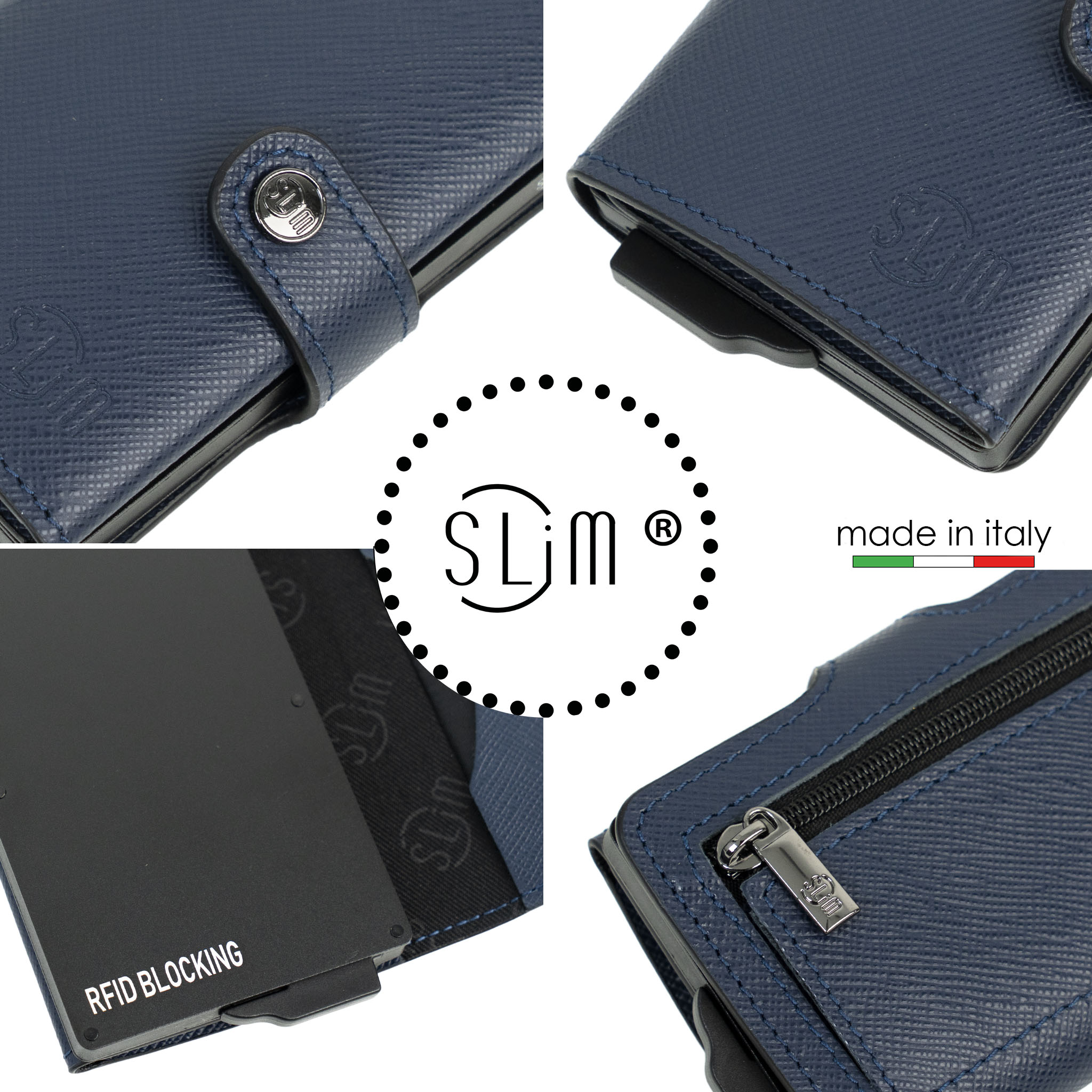 SLim Saffiano Portacarte Pelle Blu Zip Antigraffio