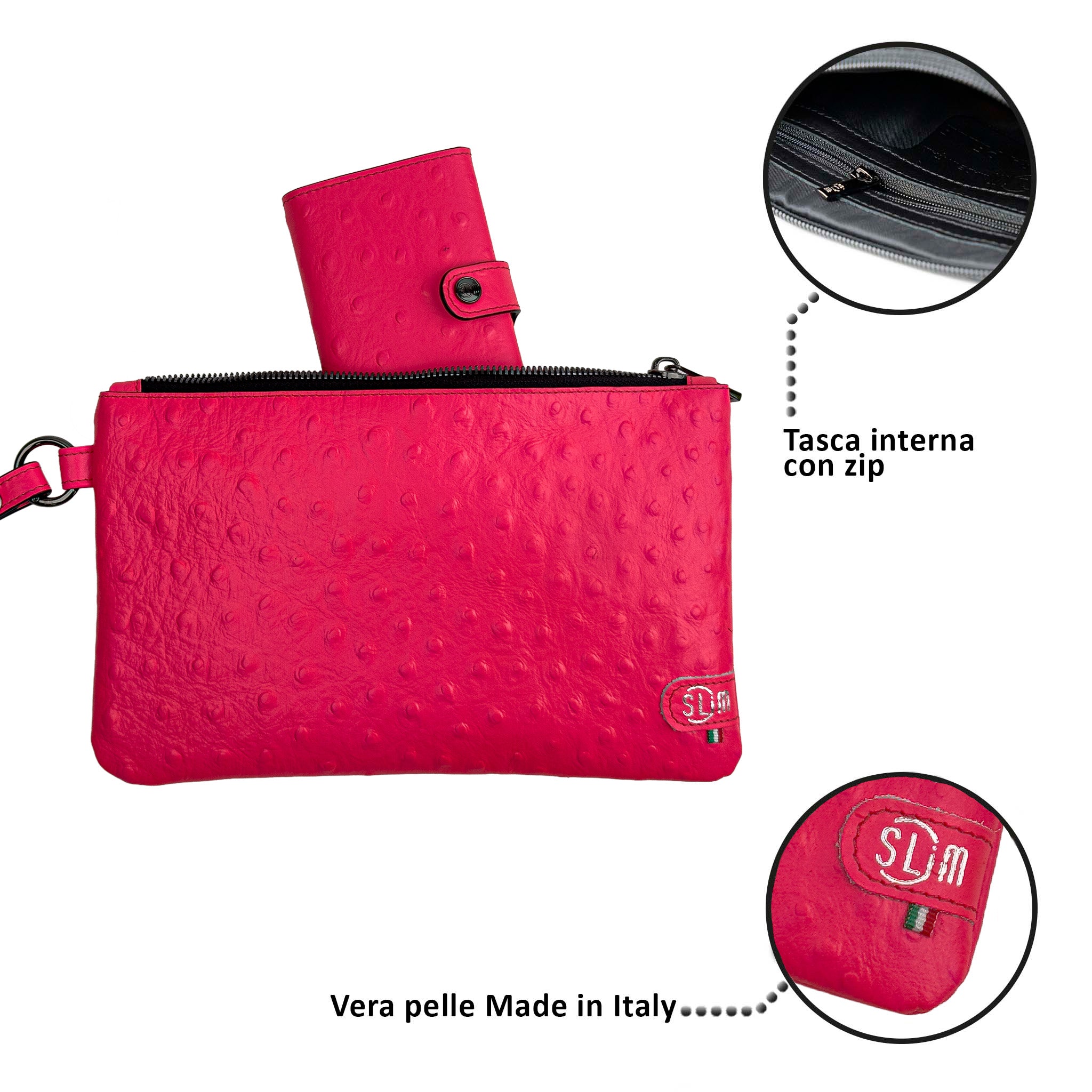 SLim Pochette Polsiera Struzzo Fucsia Fluo Pochette