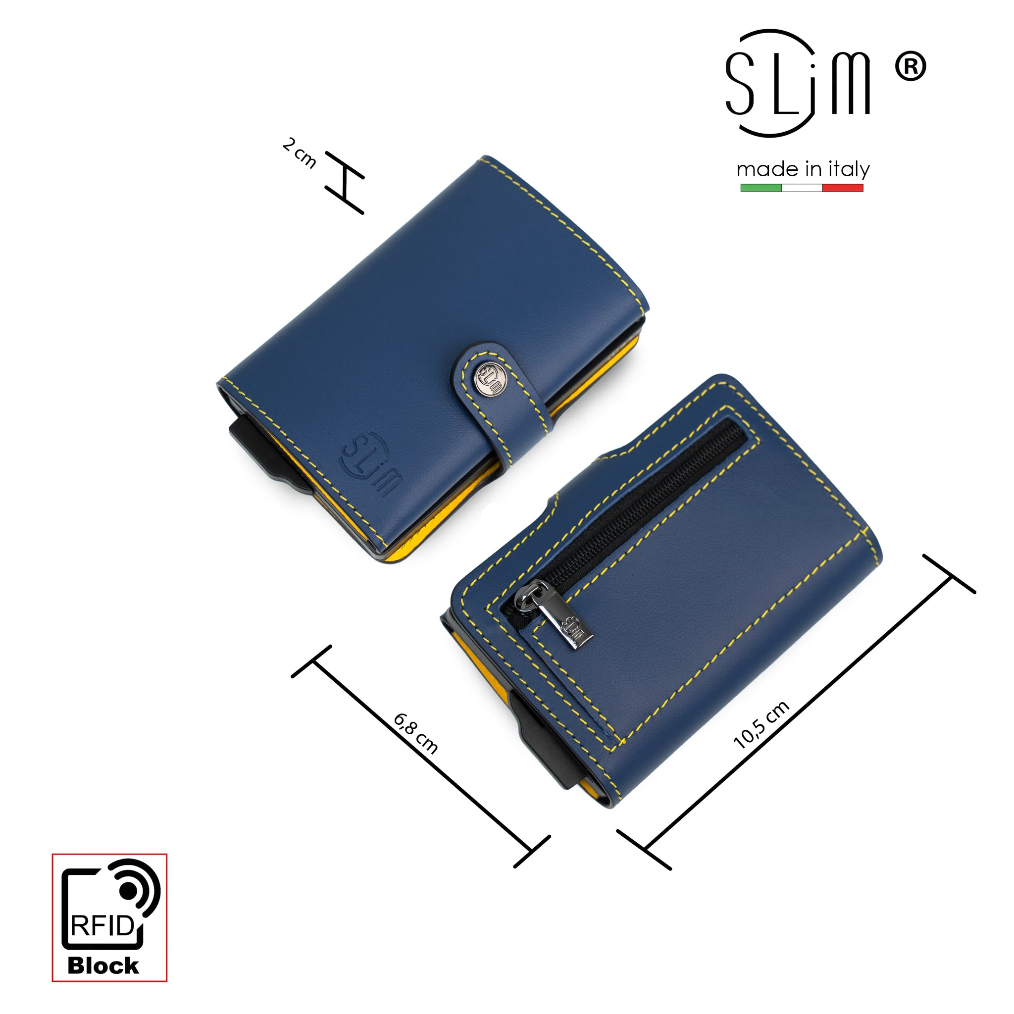 SLim Vera Pelle Blu Giallo porta carte zip 12 carte RFID