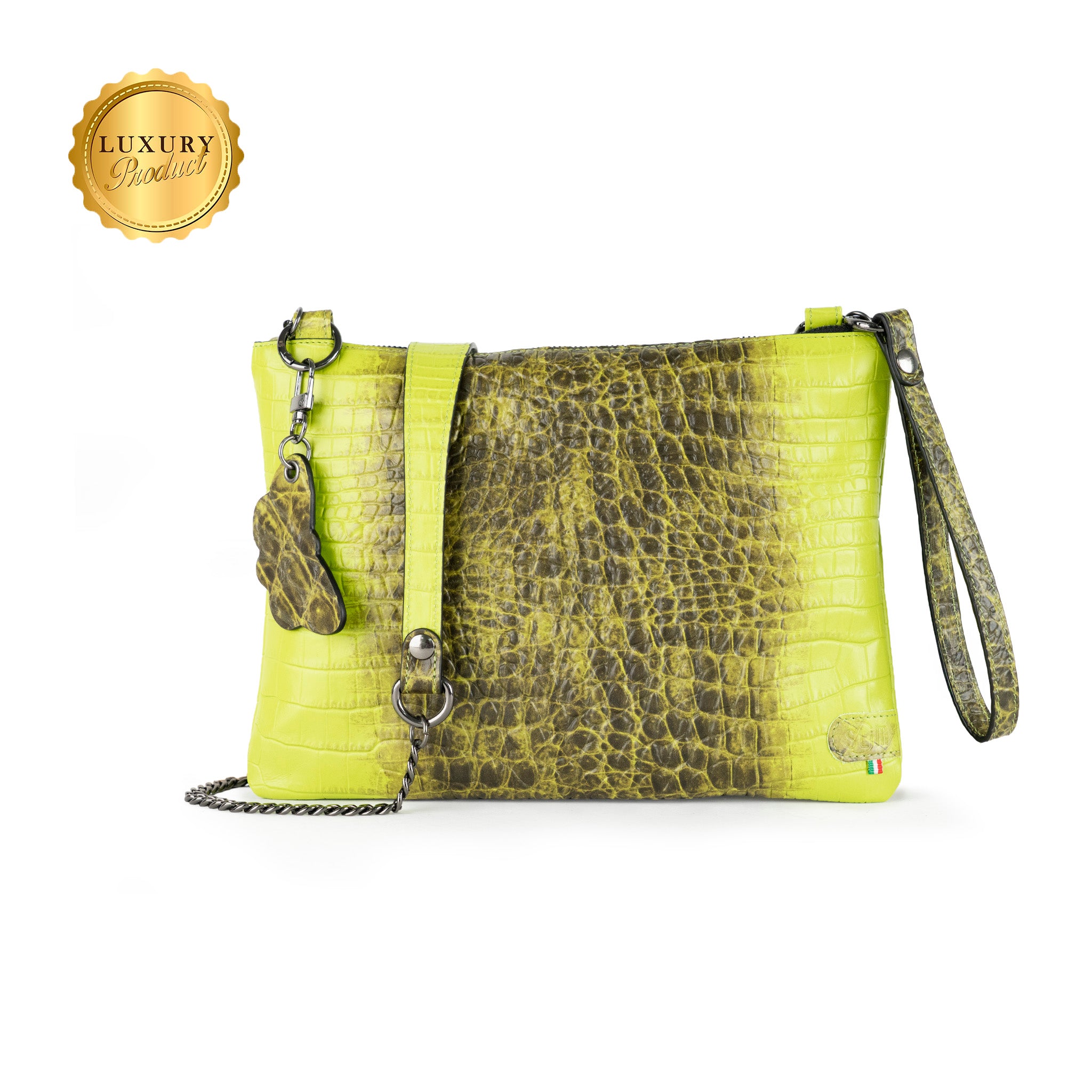 SLim Pochette Tracolla Vera Pelle Cocco Verde 23x14 cm