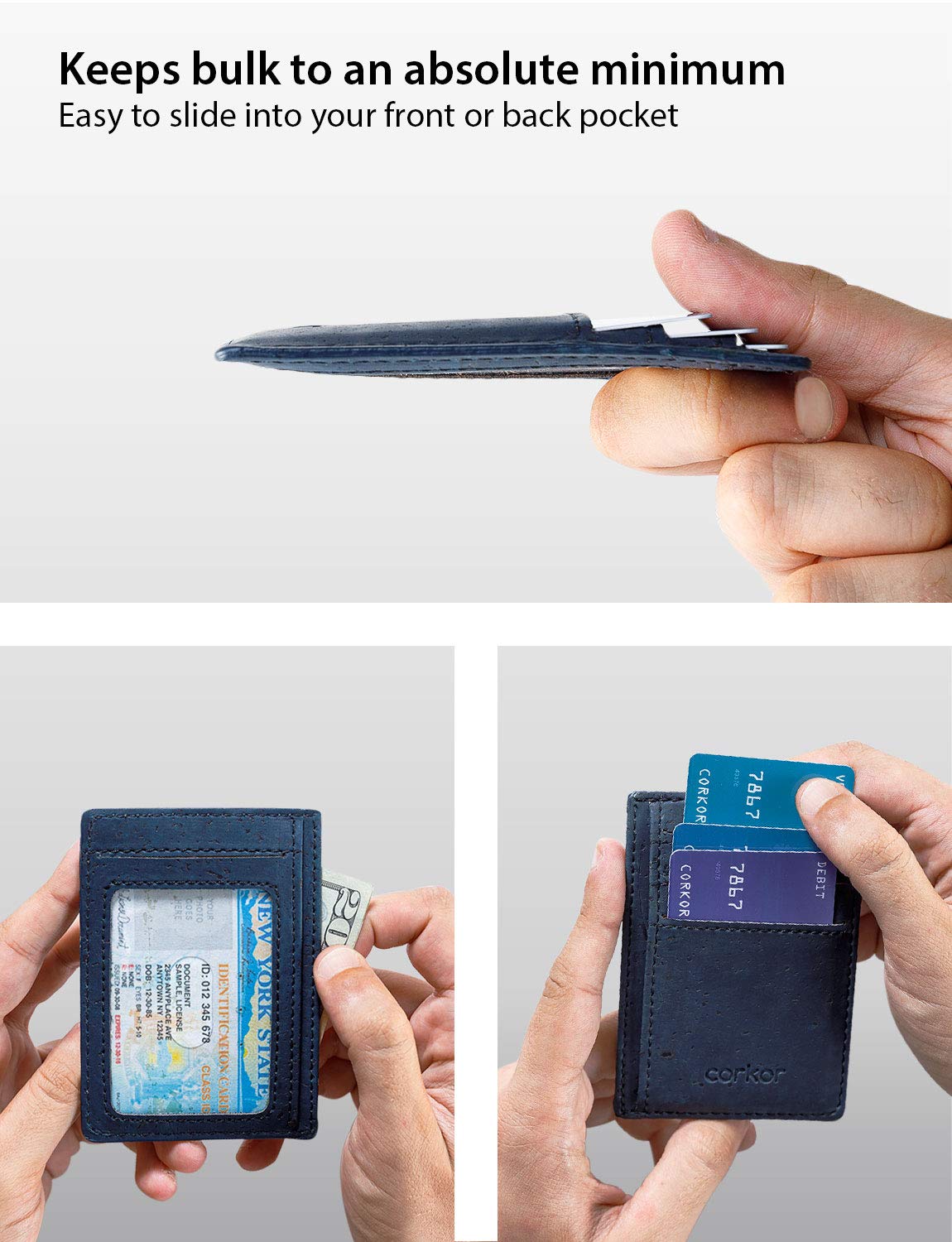 Corkor Wallets portafoglio uomo sughero blu slim 3 carte