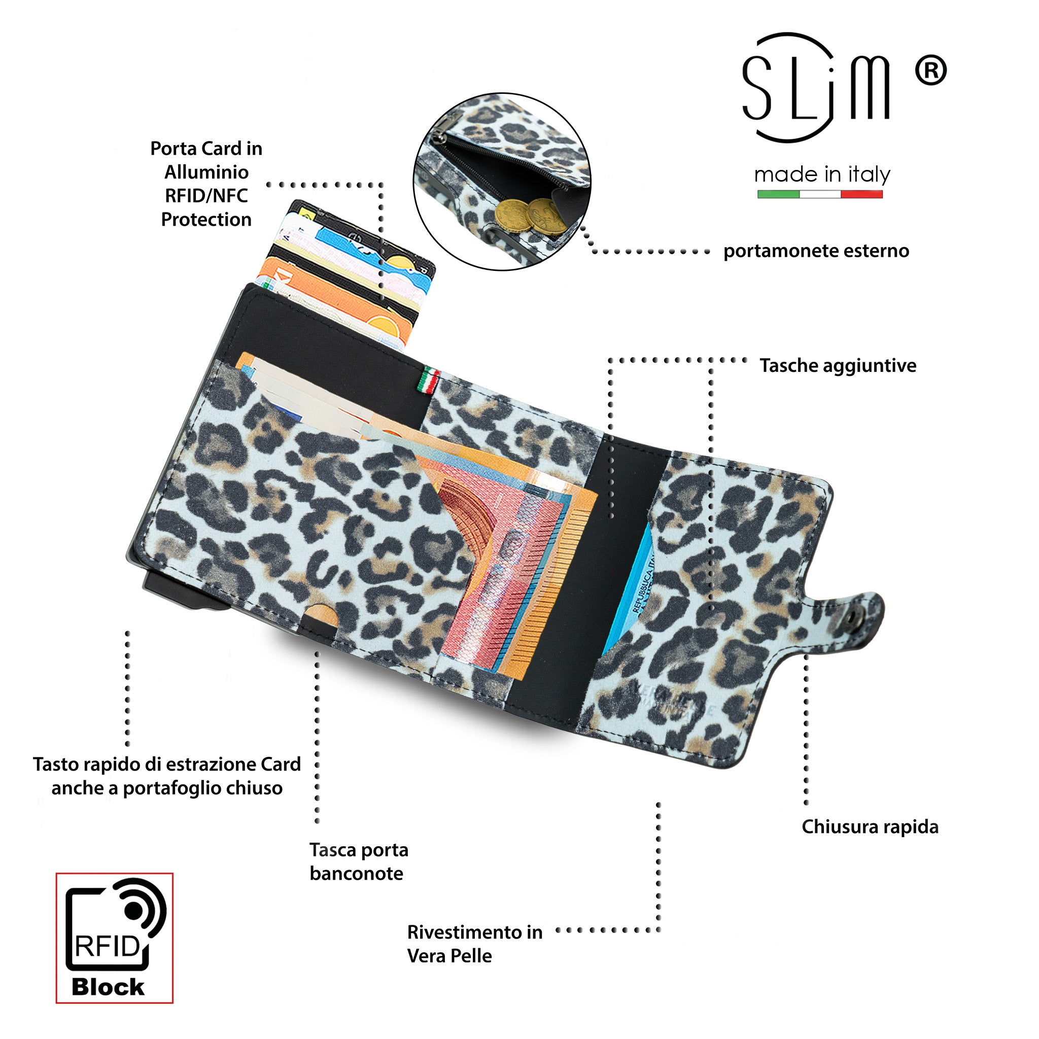 SLim Vera Pelle Animalier Scamosciato Azzurro Portafoglio