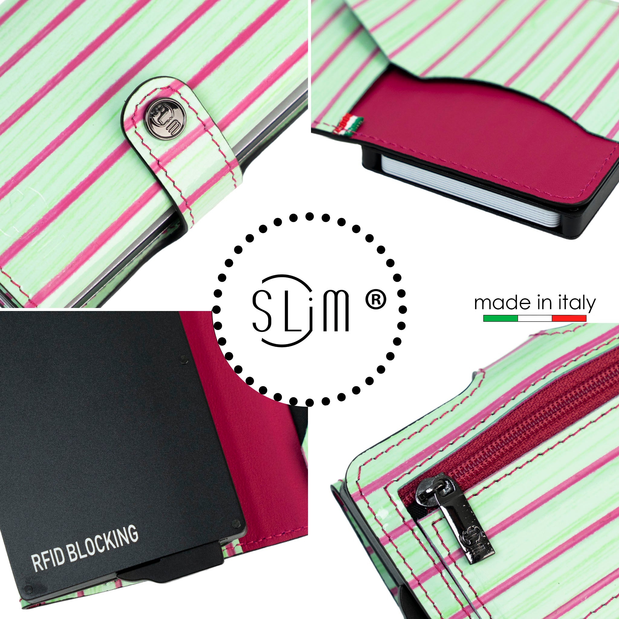 SLim Vera Pelle Lollipop Verde Fucsia Portafoglio RFID