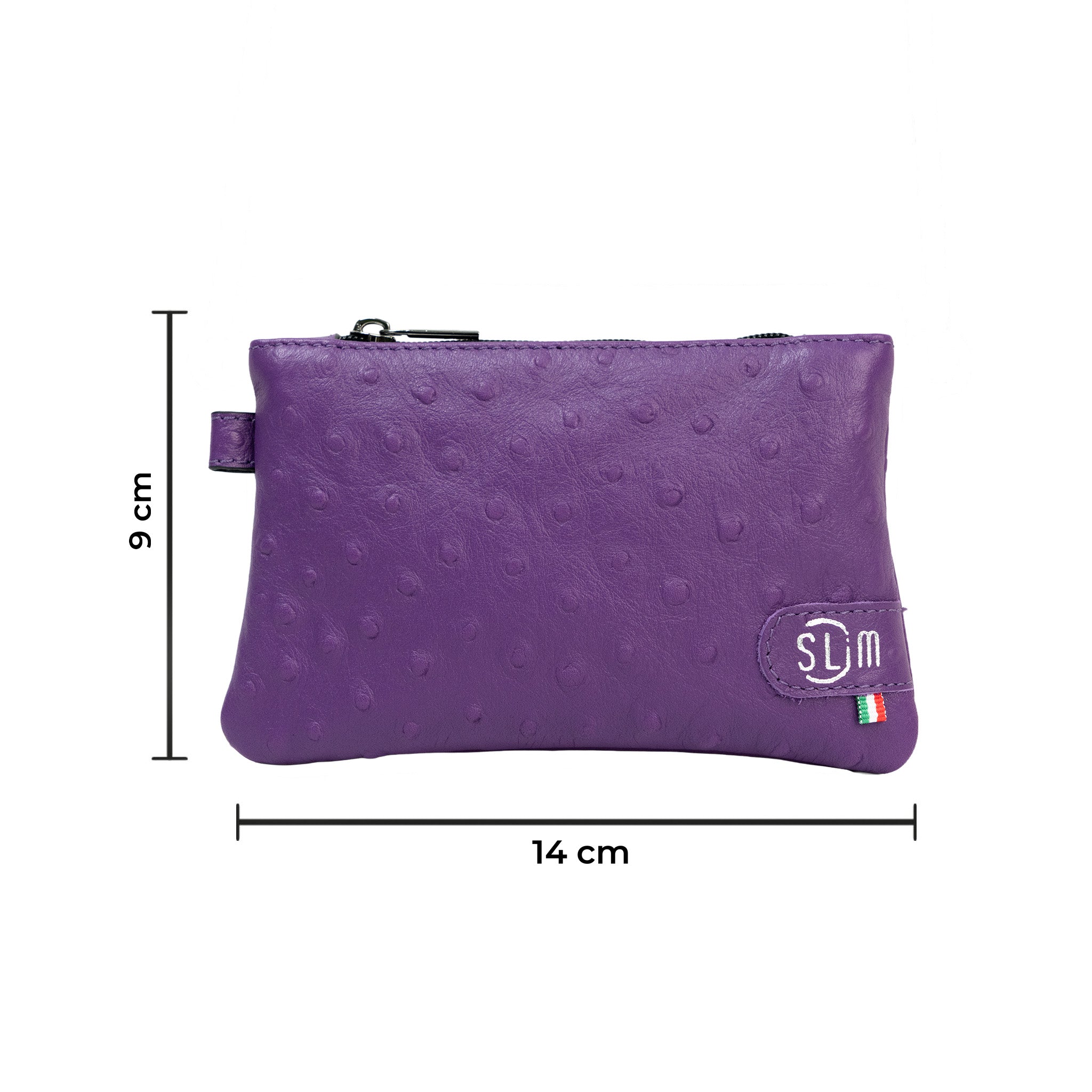 SLim Mini Pochette struzzo viola vera pelle portamonete
