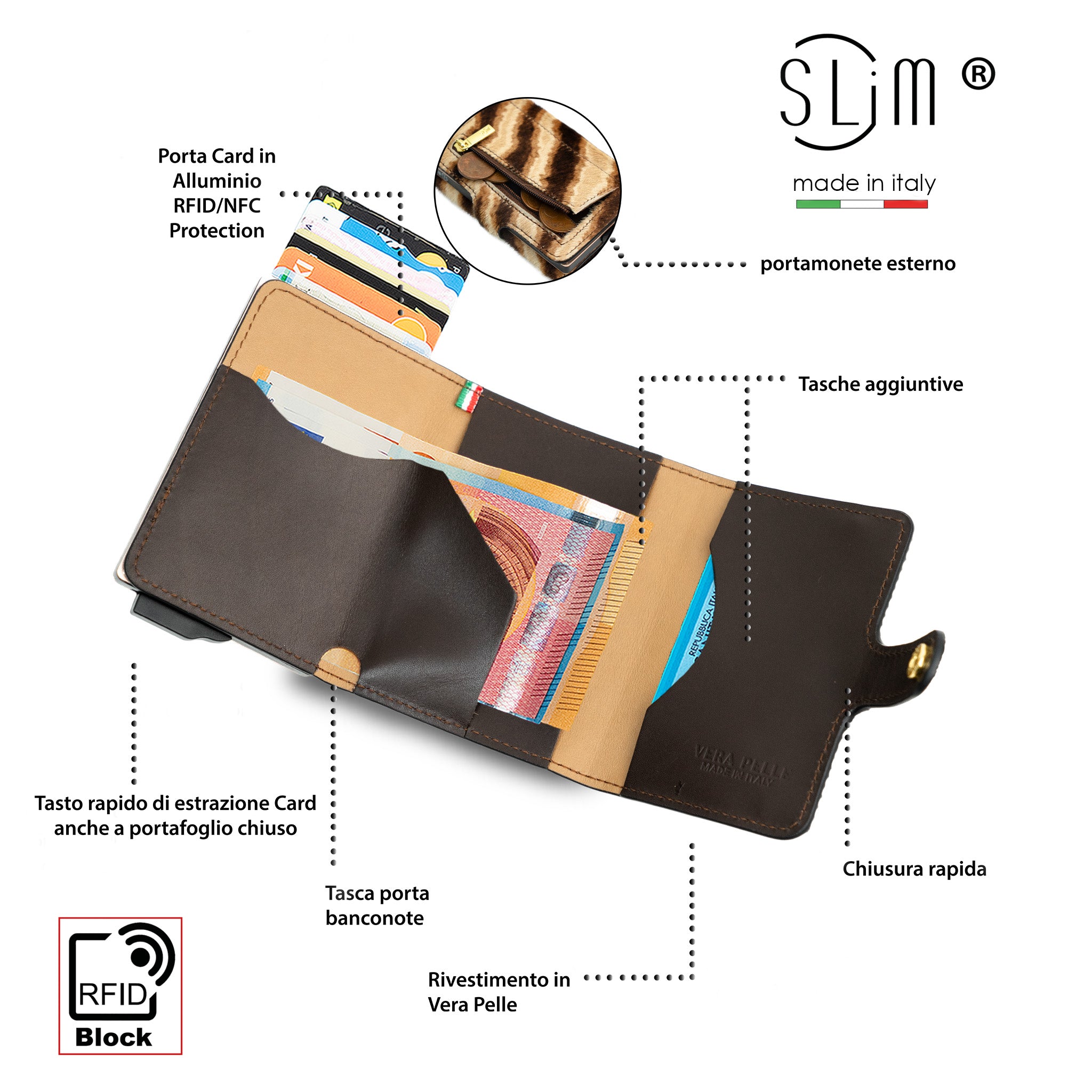 SLim Vera Pelle Portafoglio Animalier Tigrato RFID
