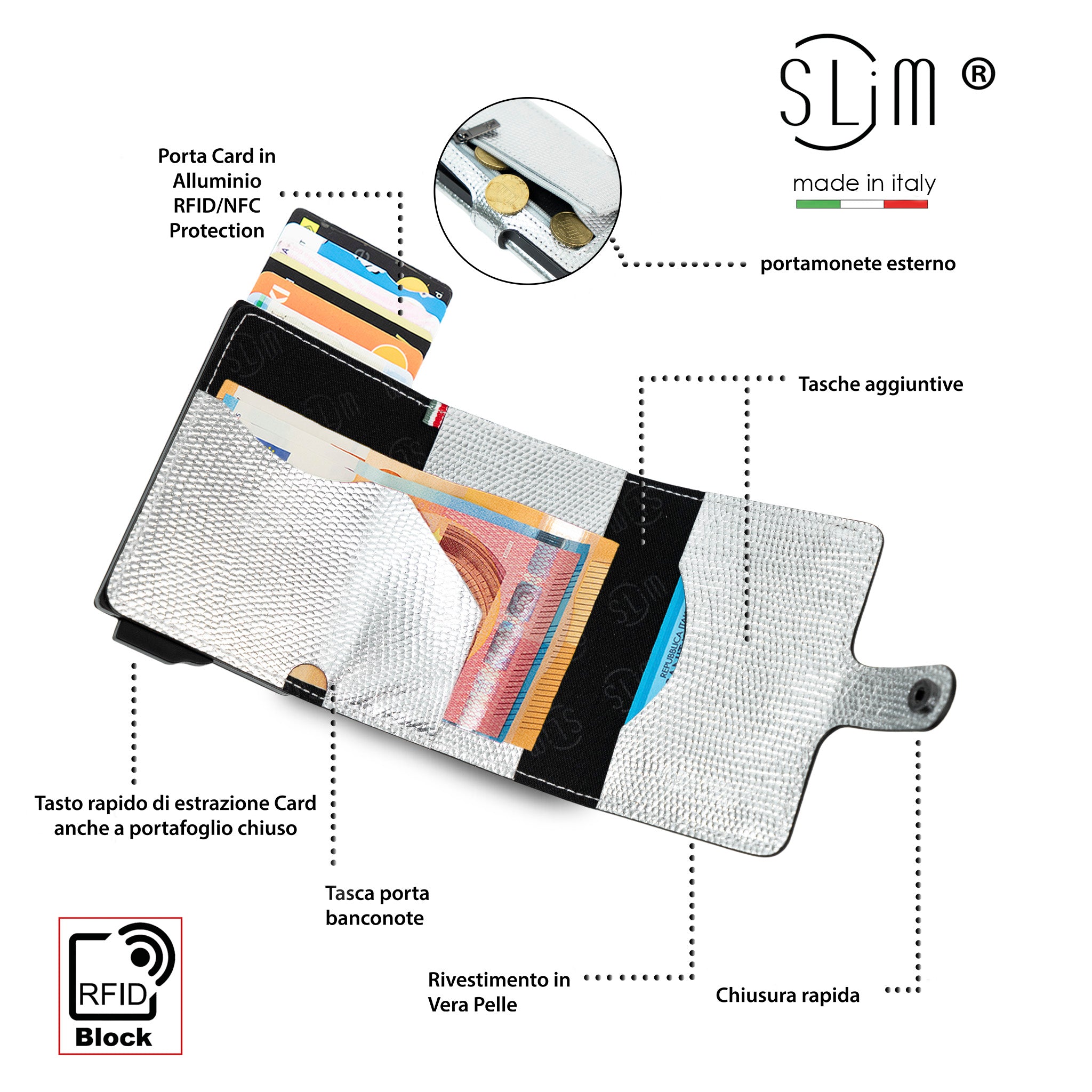 SLim Vera Pelle portacarte tejus Argento Laminato