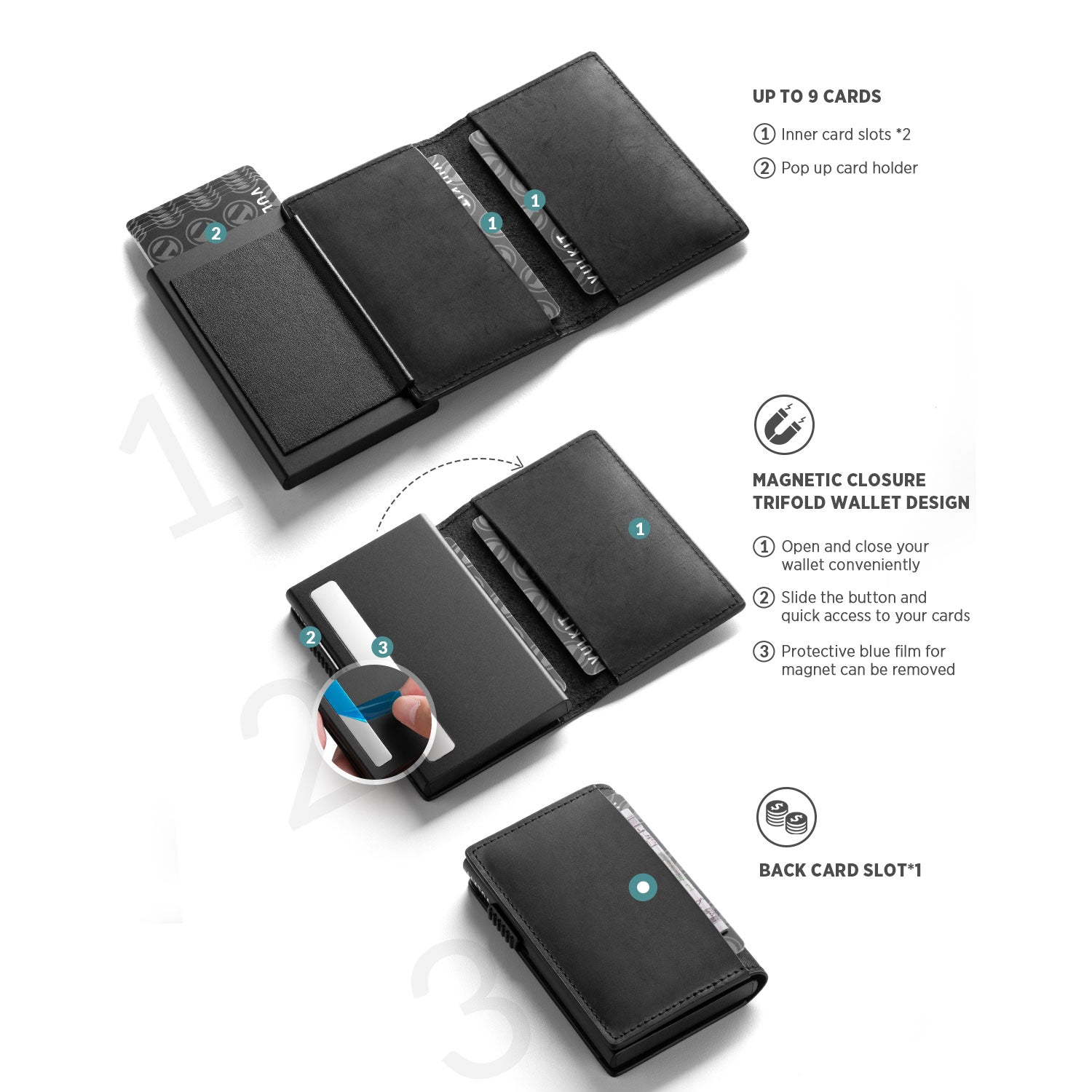 VULKIT VC305P Portafoglio Pop-Up Pelle Nero 11 Carte RFID