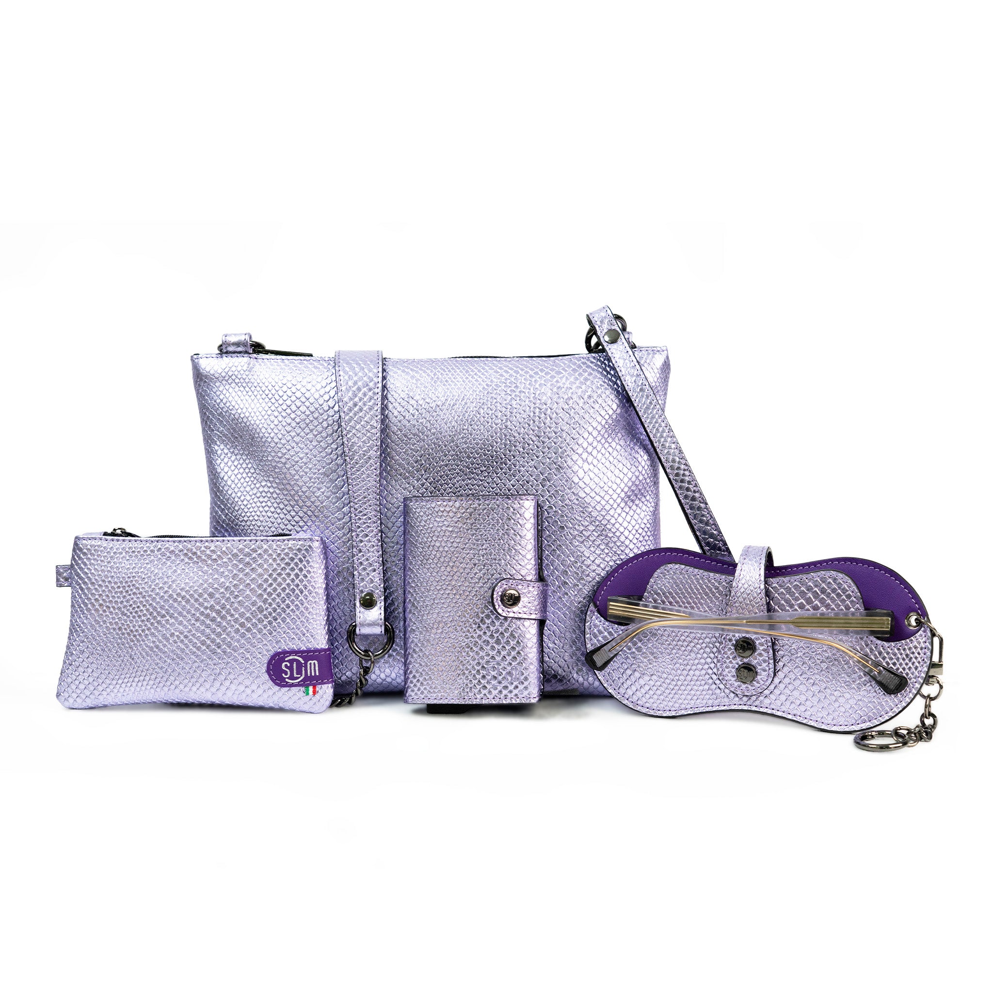 SLim Vera Pelle Set Tejus Laminato Viola portafoglio