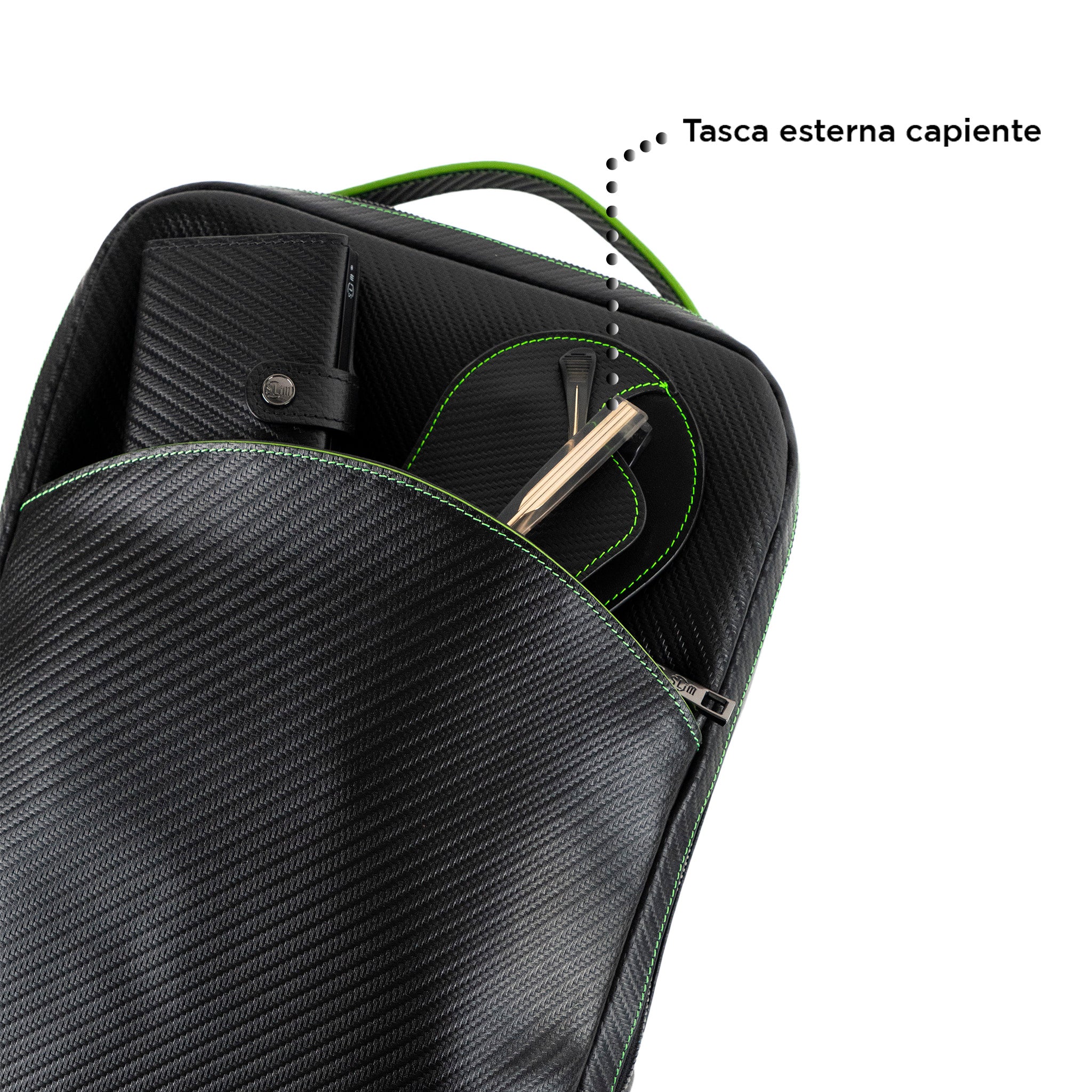 SLim Zaino Medio pelle Carbon Nero cuciture Verde Fluo 8,5 L
