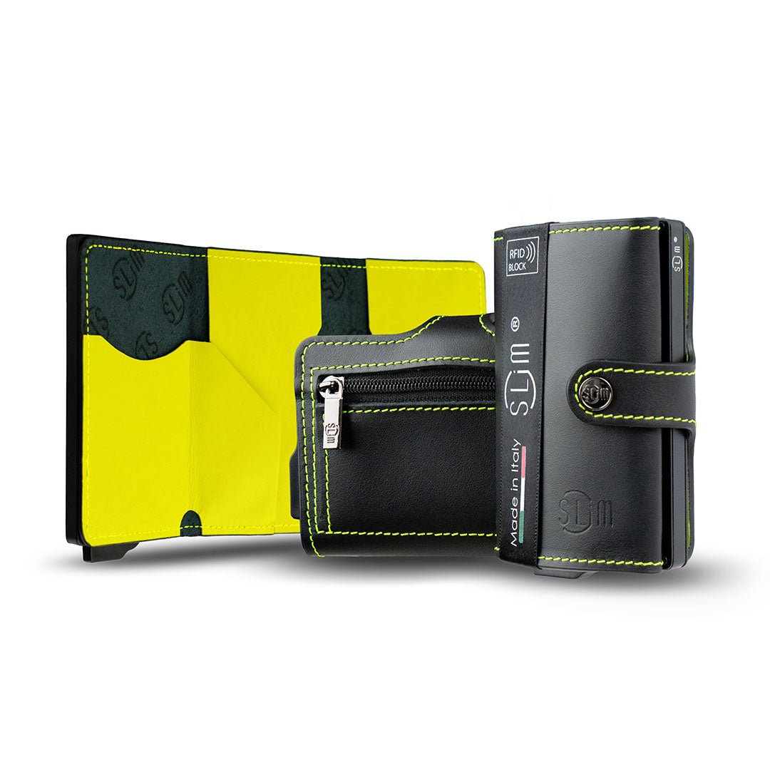 SLim Vera Pelle Nero Lime portacarte zip monete