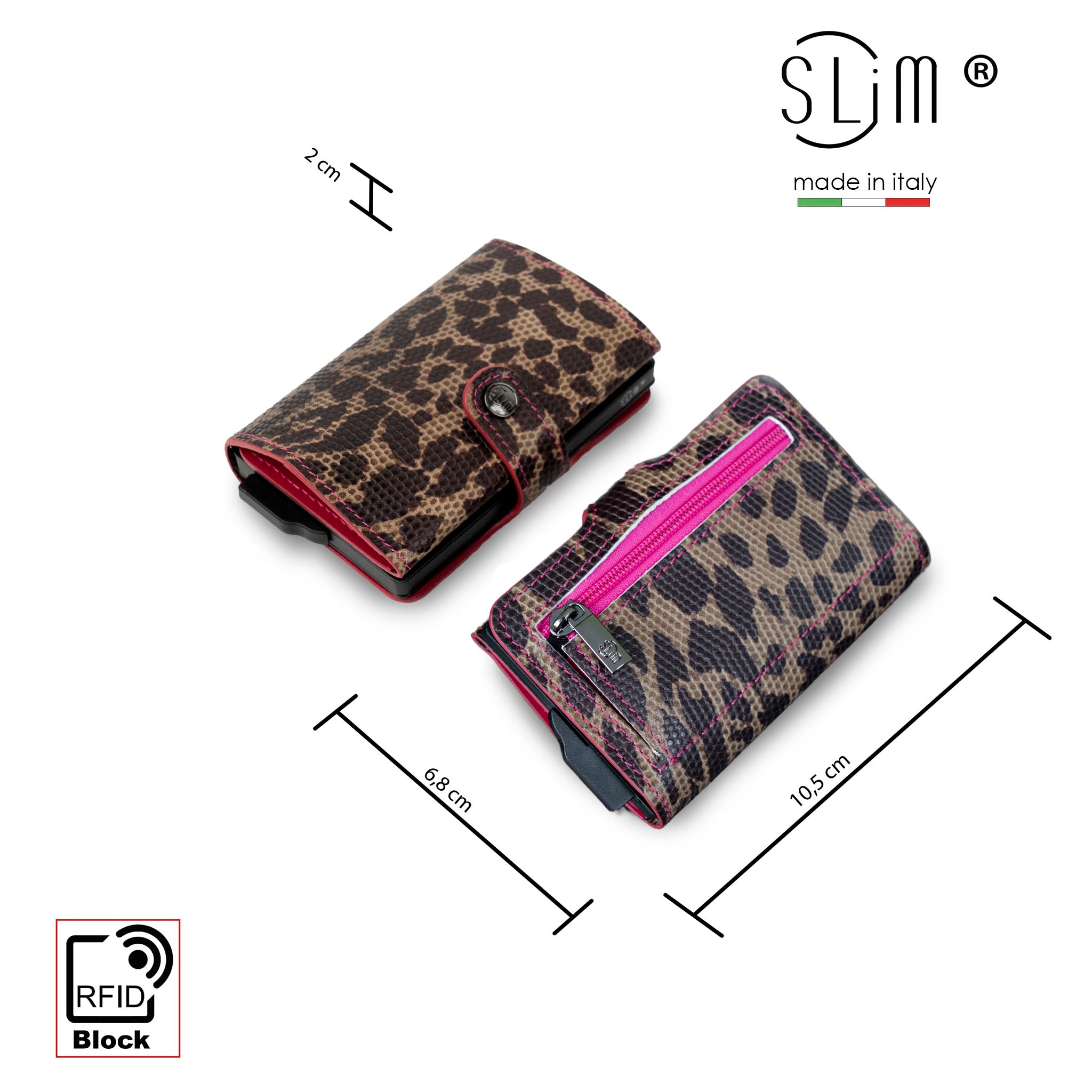 SLim Vera Pelle mini portafoglio animalier leopard fucsia RFID