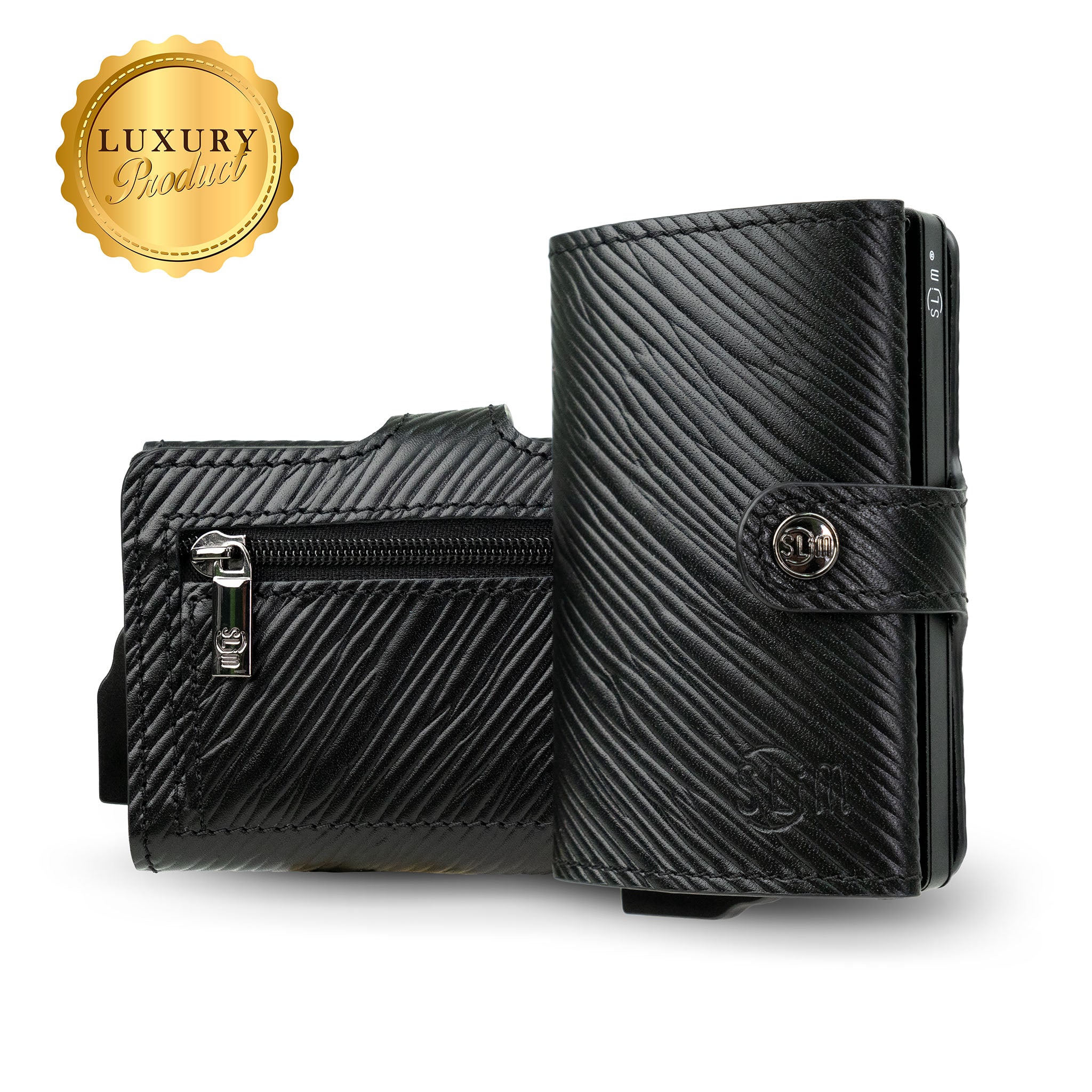 SLim Vera Pelle Epi portafoglio compatto Nero con zip RFID