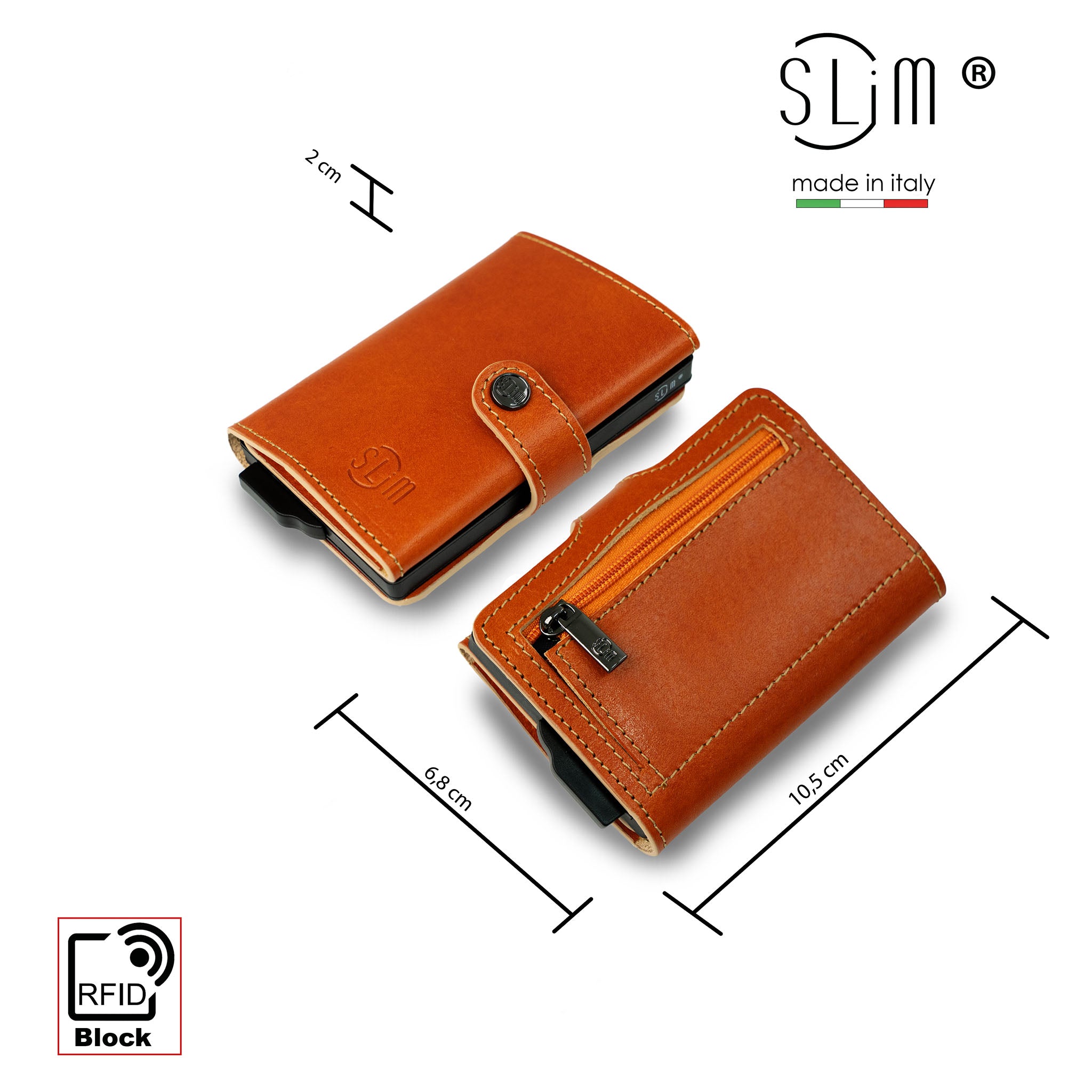 SLim Vera Pelle portacarte arancio concia vegetale zip