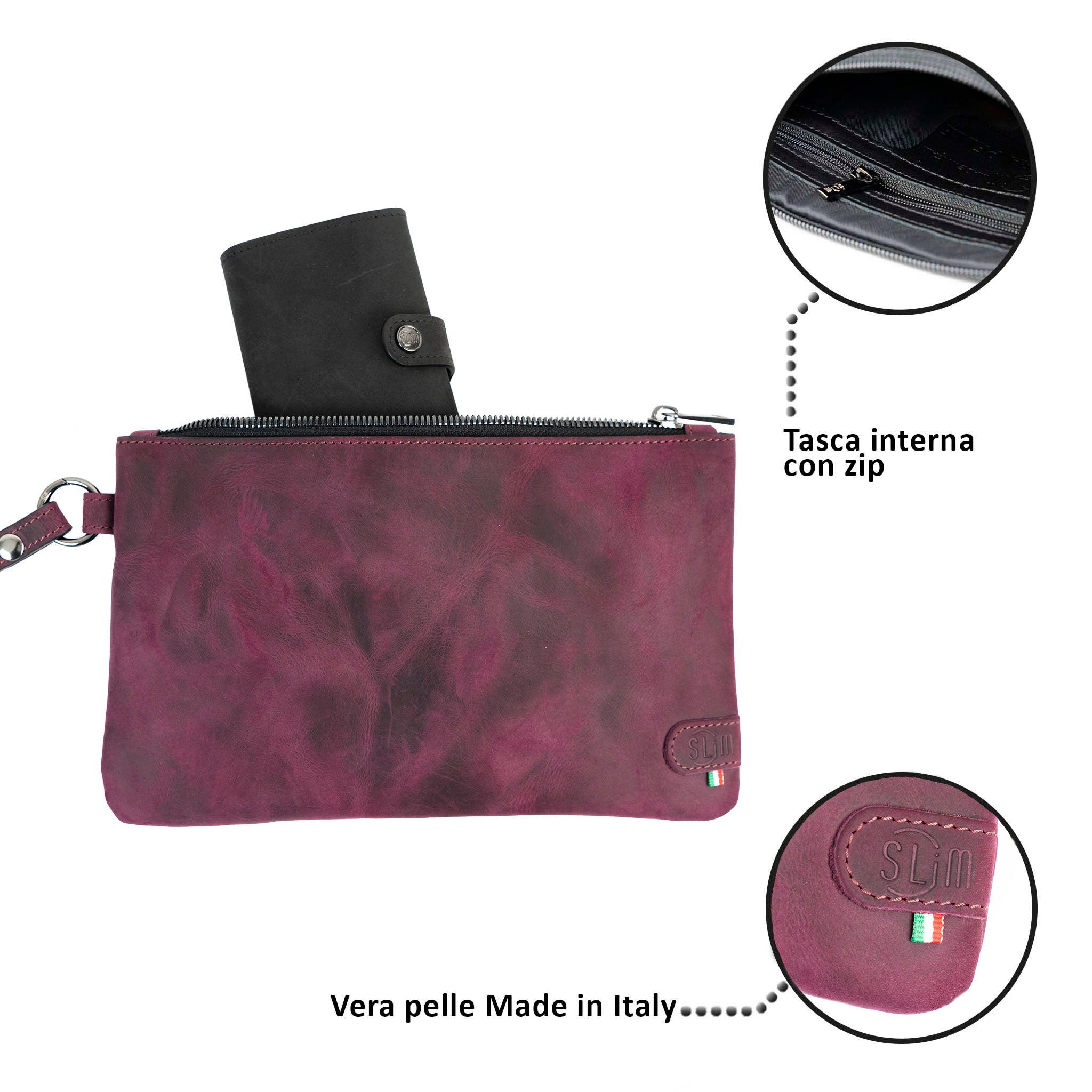 SLim Pochette Polsiera crazy horse viola 23 cm