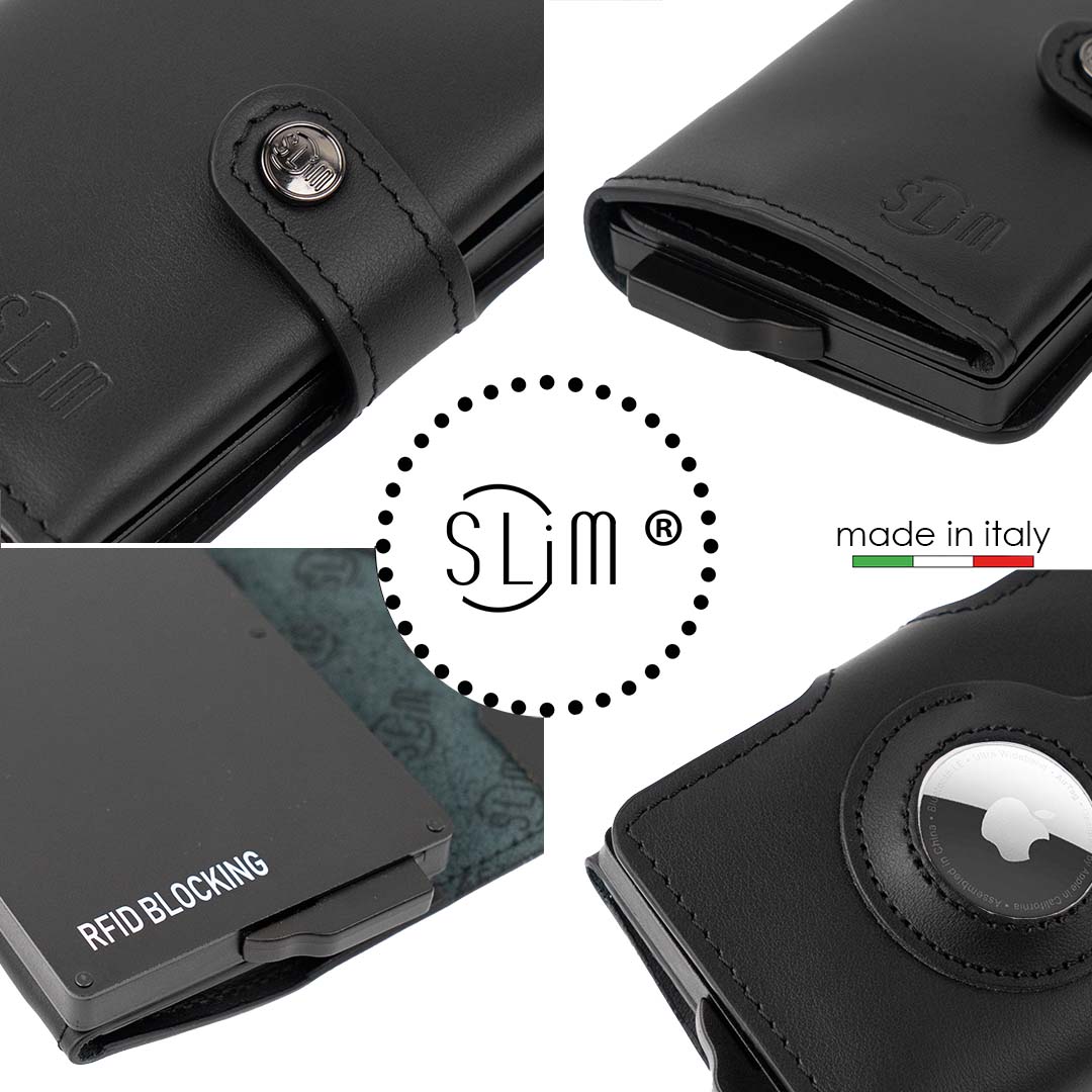 SLim Vera Pelle AirTag Nero portafoglio compatto RFID 12 carte