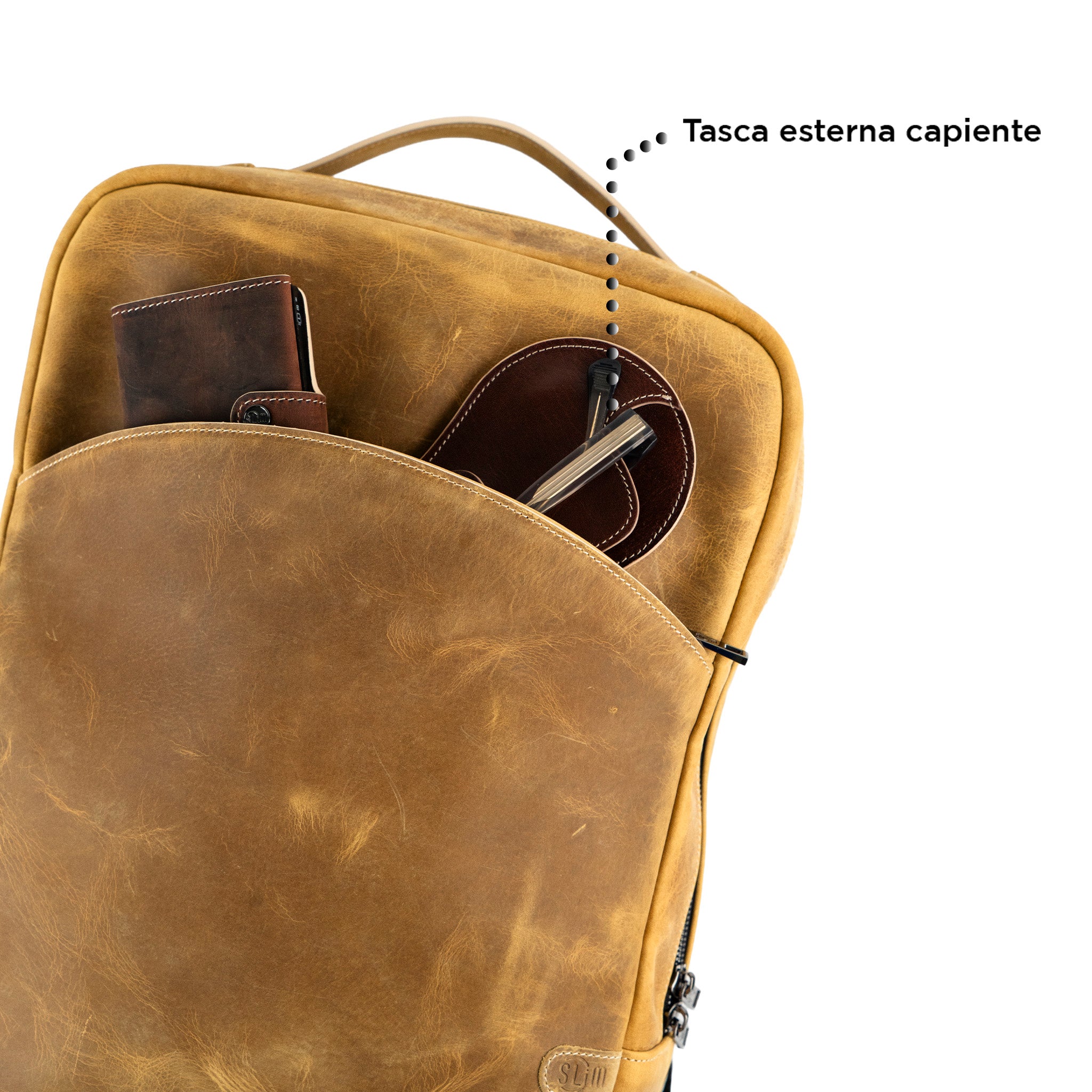 SLim Zaino Grande Vera Pelle 19L Porta PC 16" Sabbia