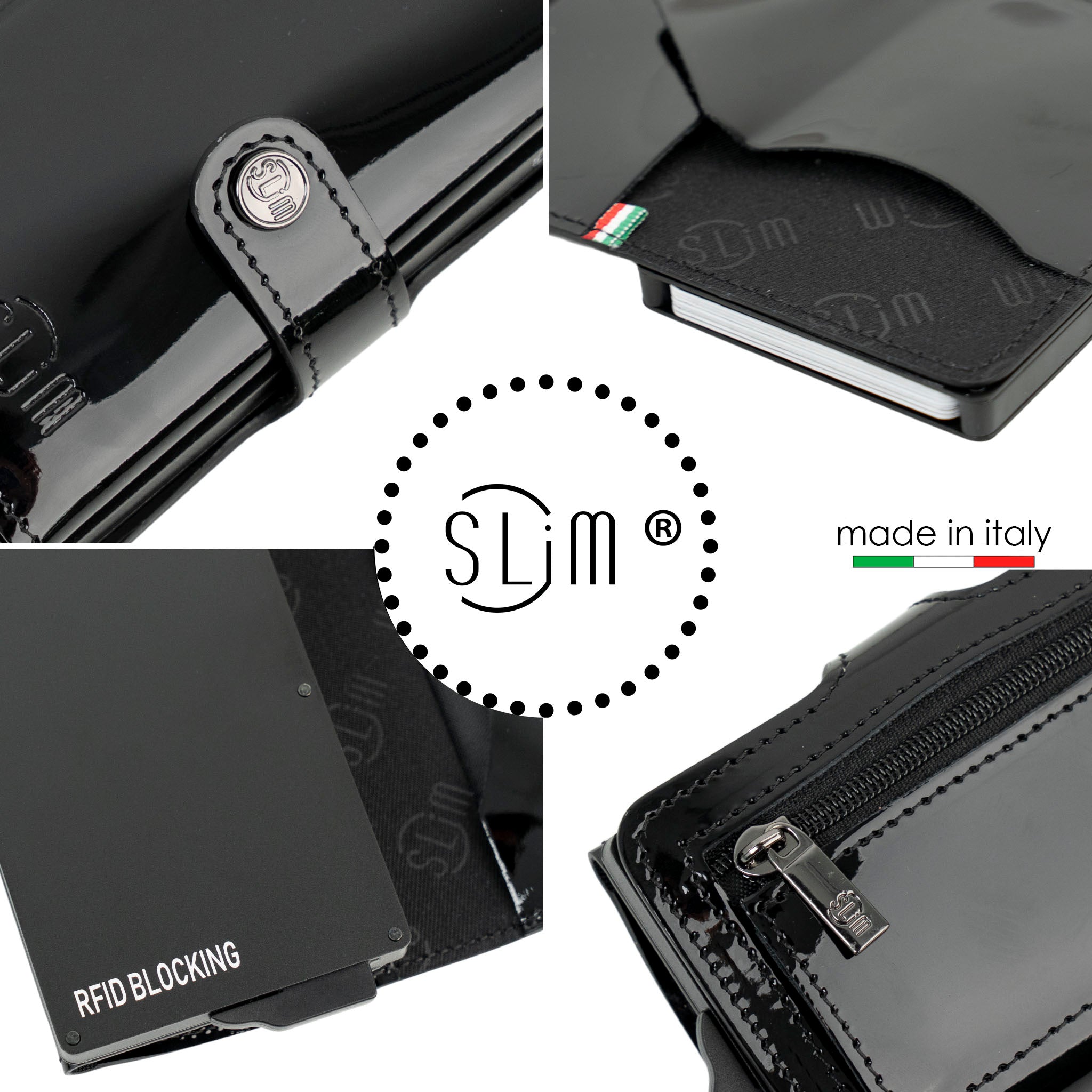SLim Vera Pelle portacarte Specchio Nero con zip RFID
