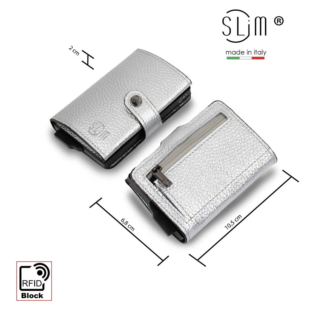 SLim Bottalato Portafoglio Metal Argento Zip Porta Monete RFID