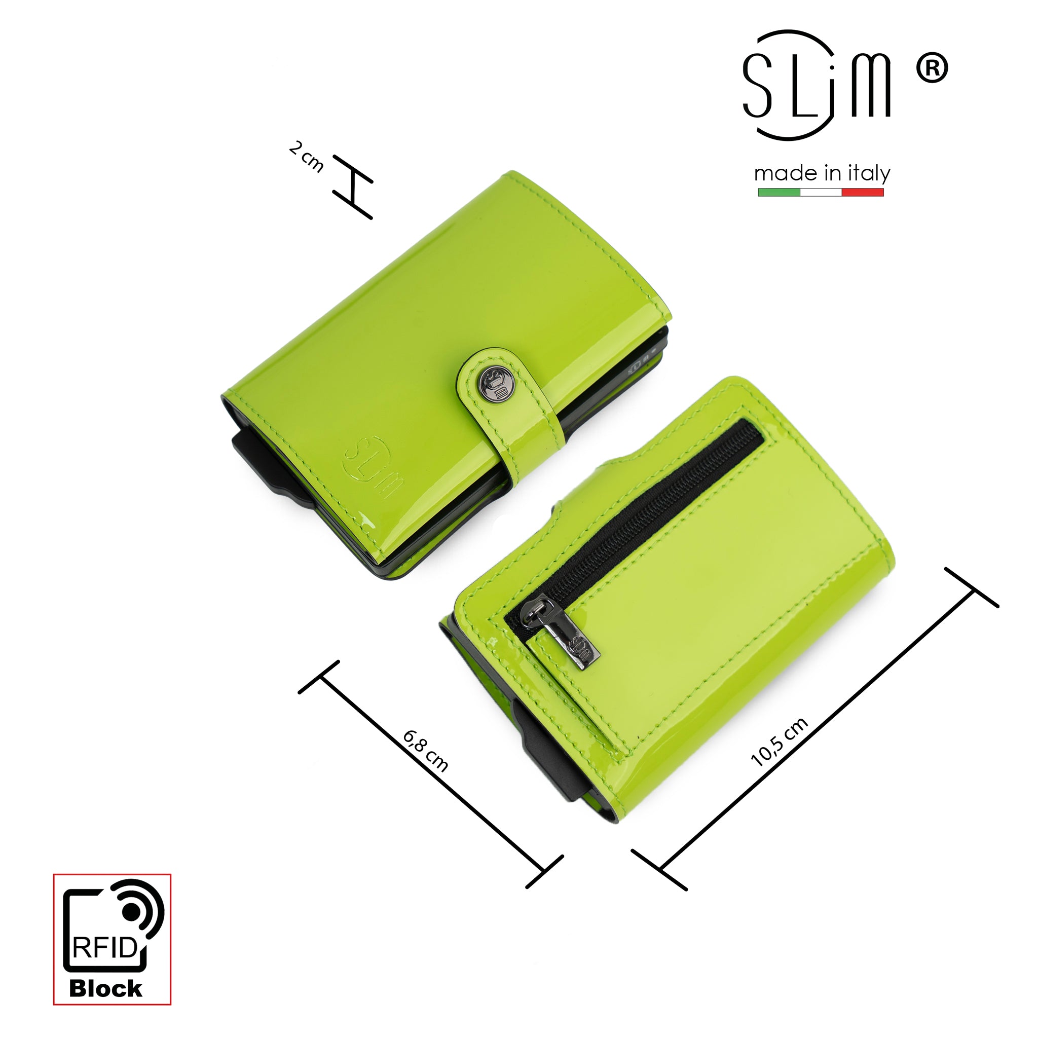 SLim Vera Pelle Porta Carte Verde Mela Zip Specchio