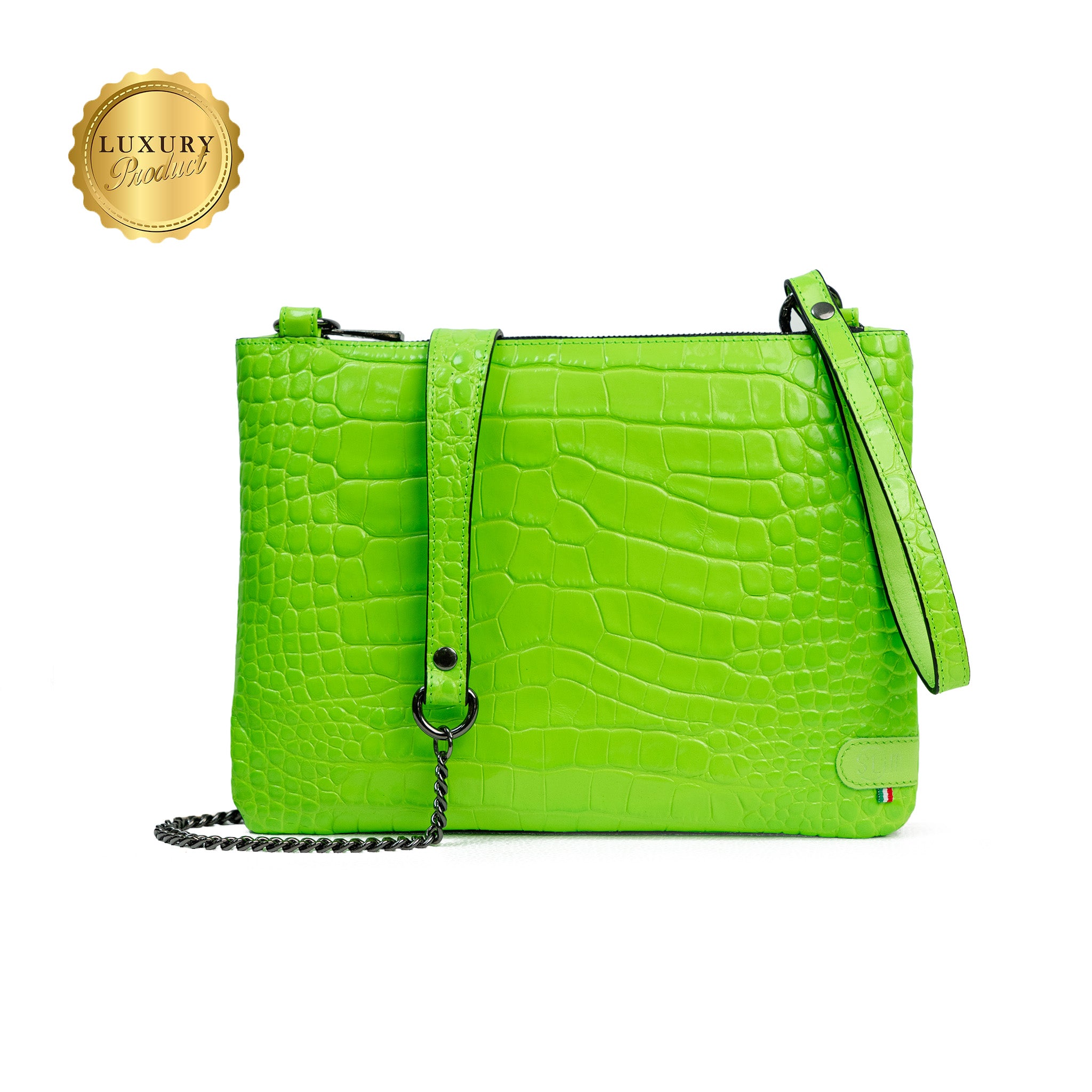 SLim Pochette Tracolla Cocco Verde Busta Pelle 24x19 cm
