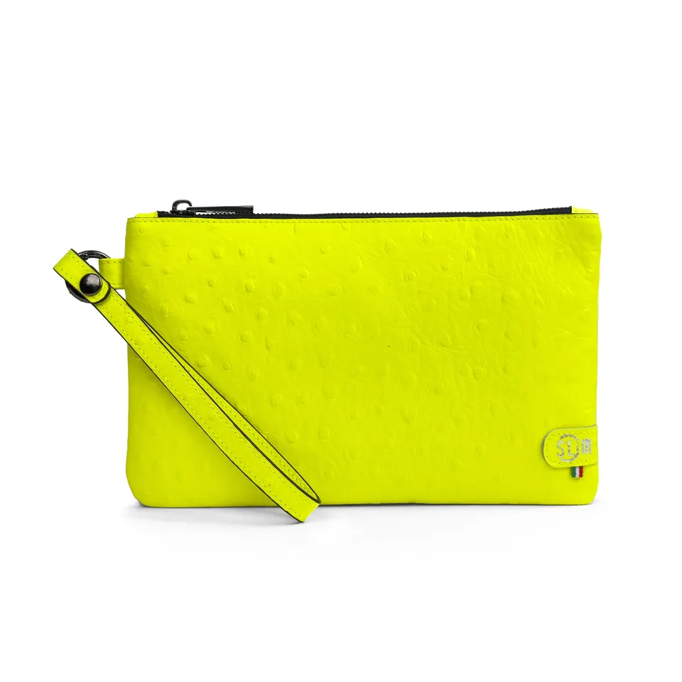 SLim Pochette Polsiera pelle struzzo giallo fluo 23x14 cm