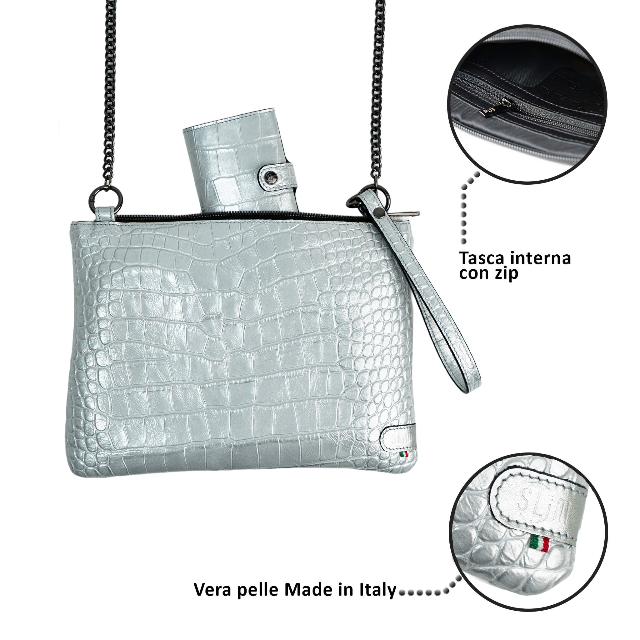 SLim Pochette Tracolla Cocco Argento pelle 23x14 cm