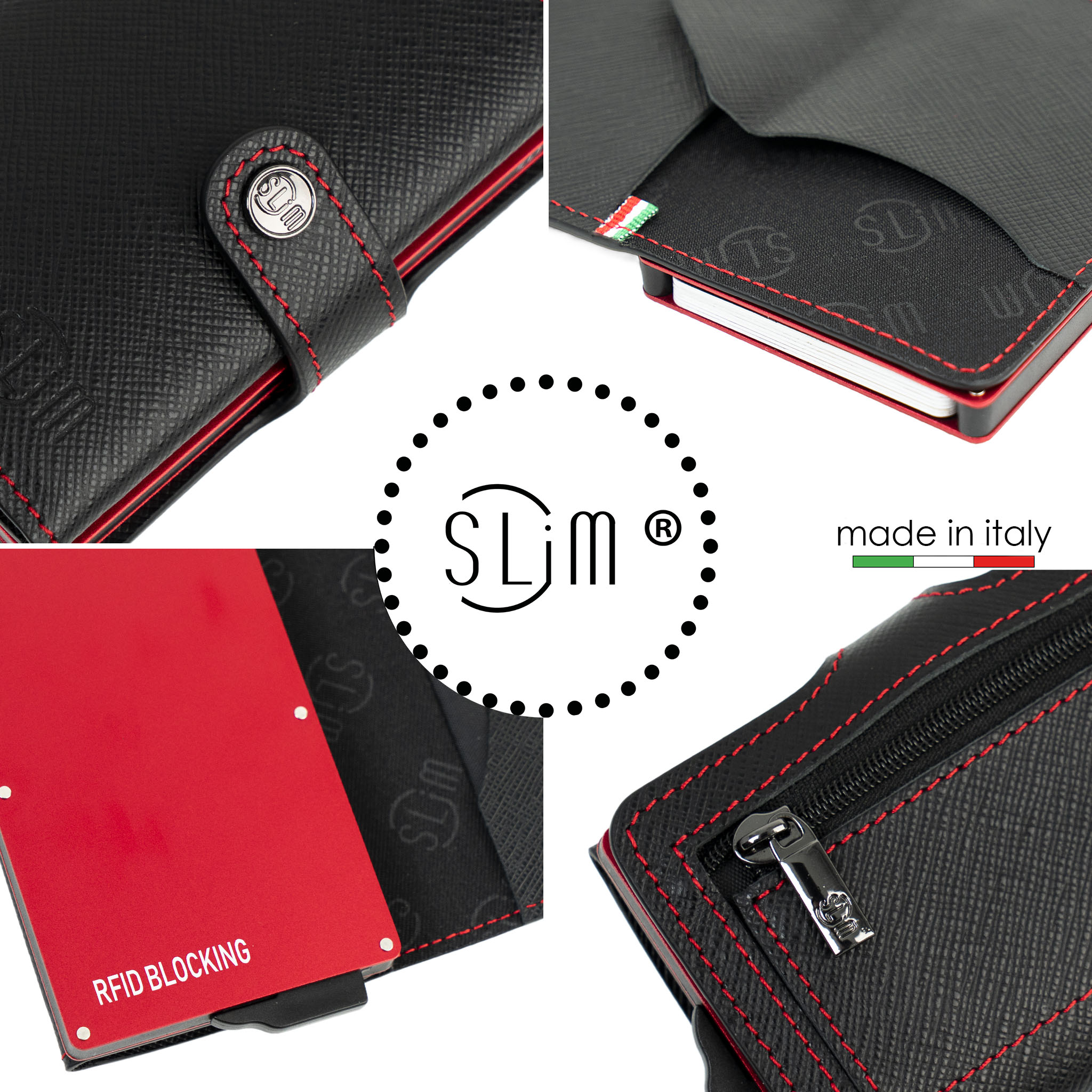 SLim Saffiano portacarte nero cuciture cassa rossa