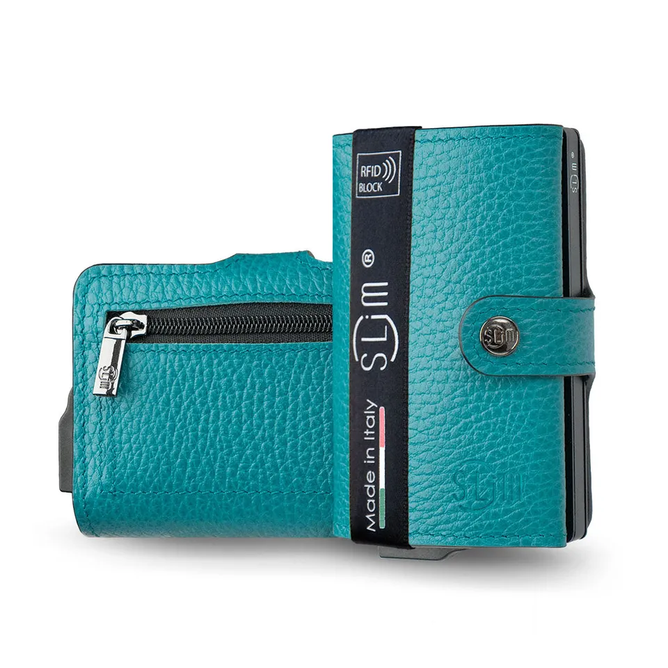 SLim Bottalato Porta Carte Pelle Petrolio Zip RFID