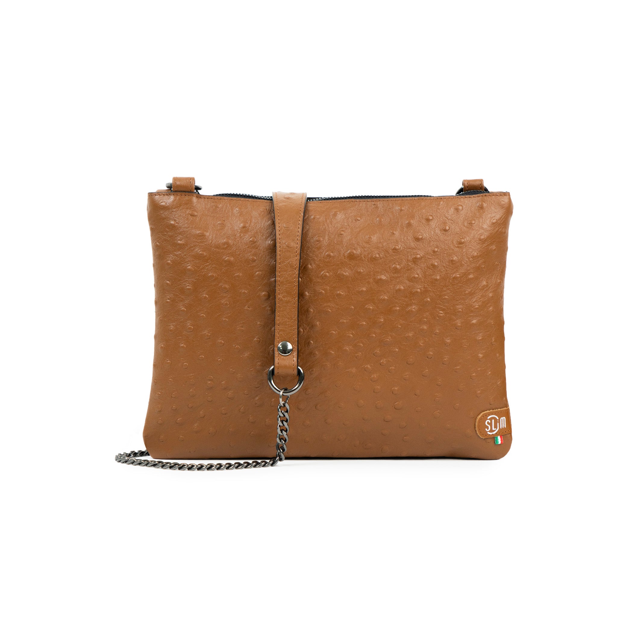 SLim Pochette Tracolla Pelle Struzzo Marrone 24 cm