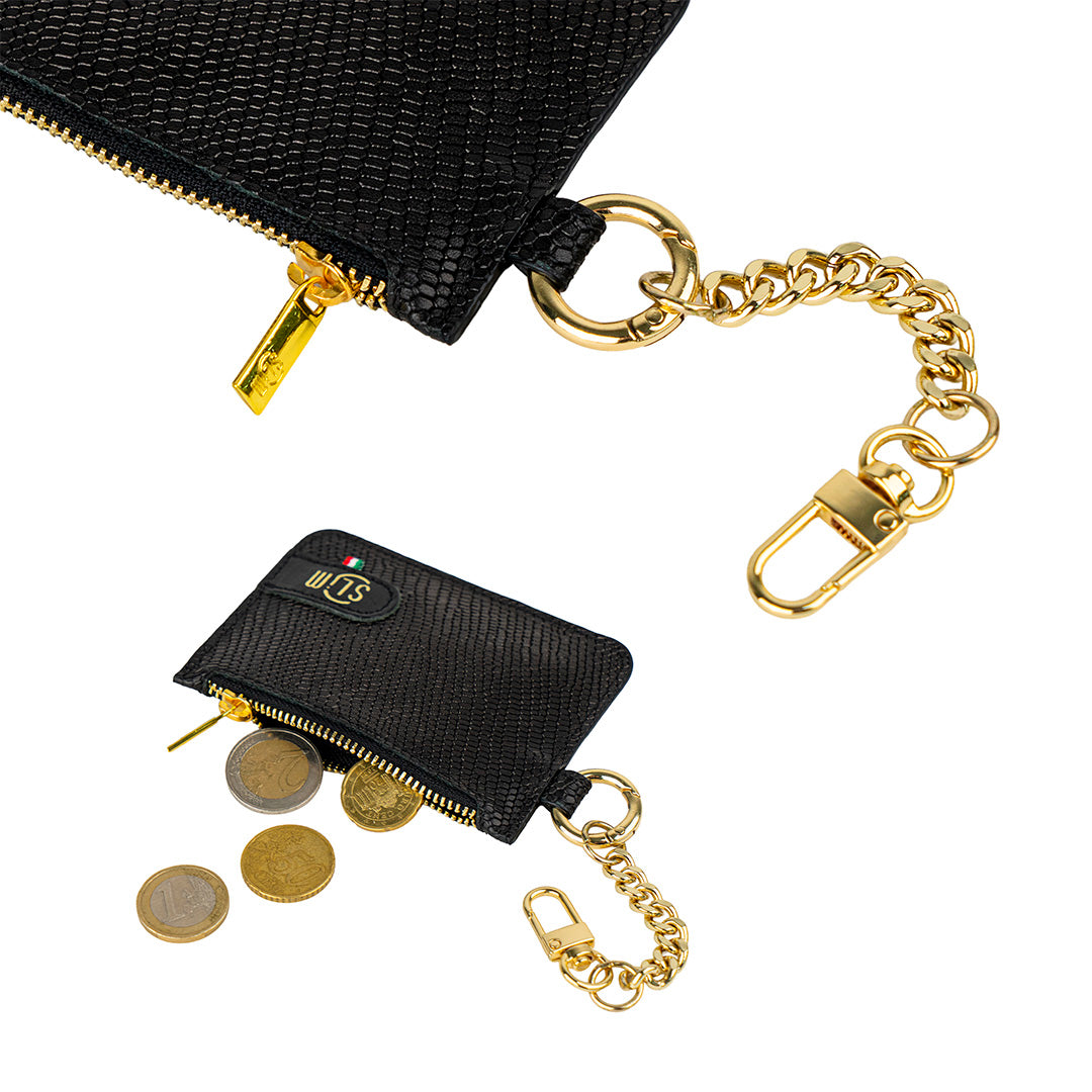 SLim Portachiavi Tejus Nero Oro portamonete pelle 10x7