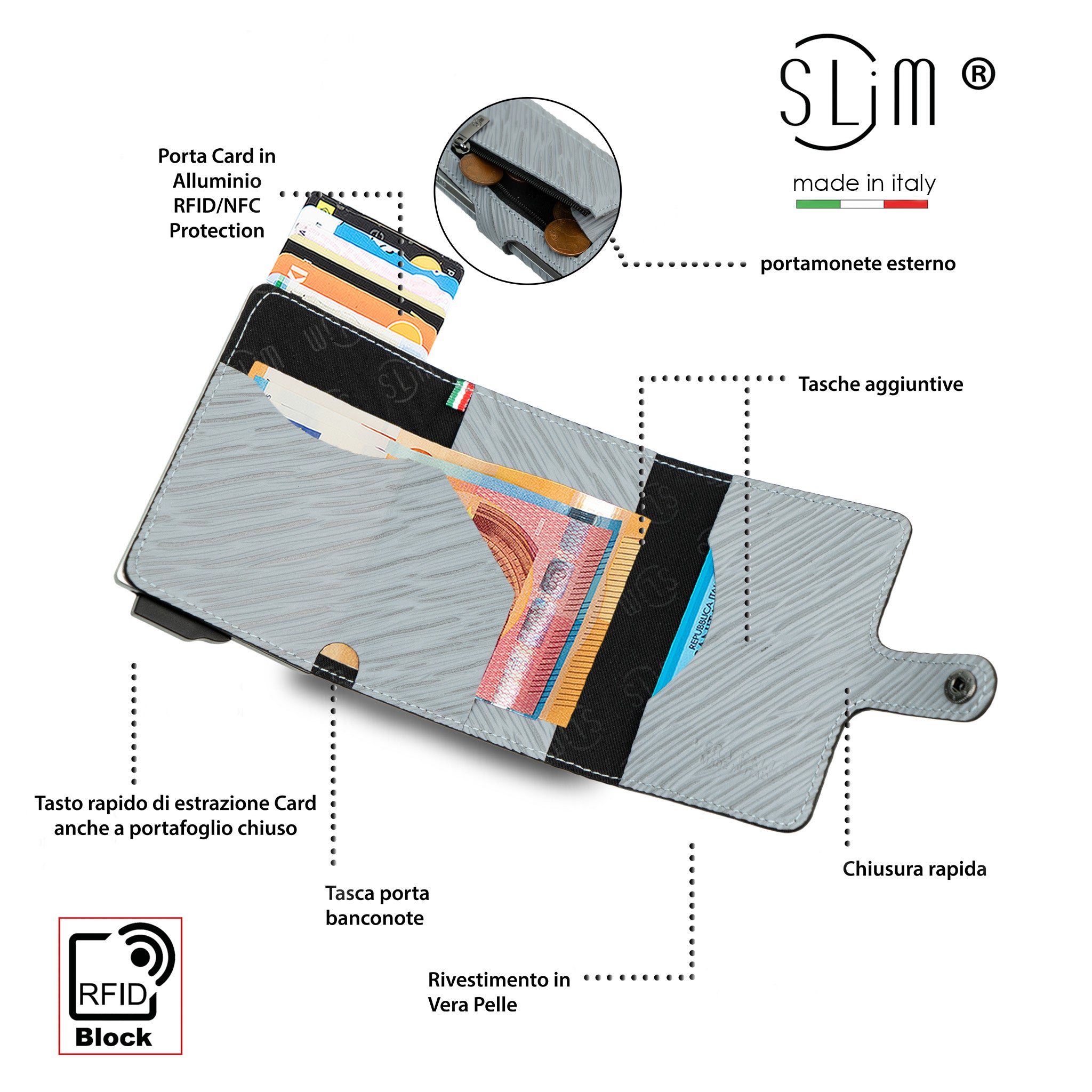 SLim Vera Pelle Epi Portafoglio Grigio Ghiaccio RFID