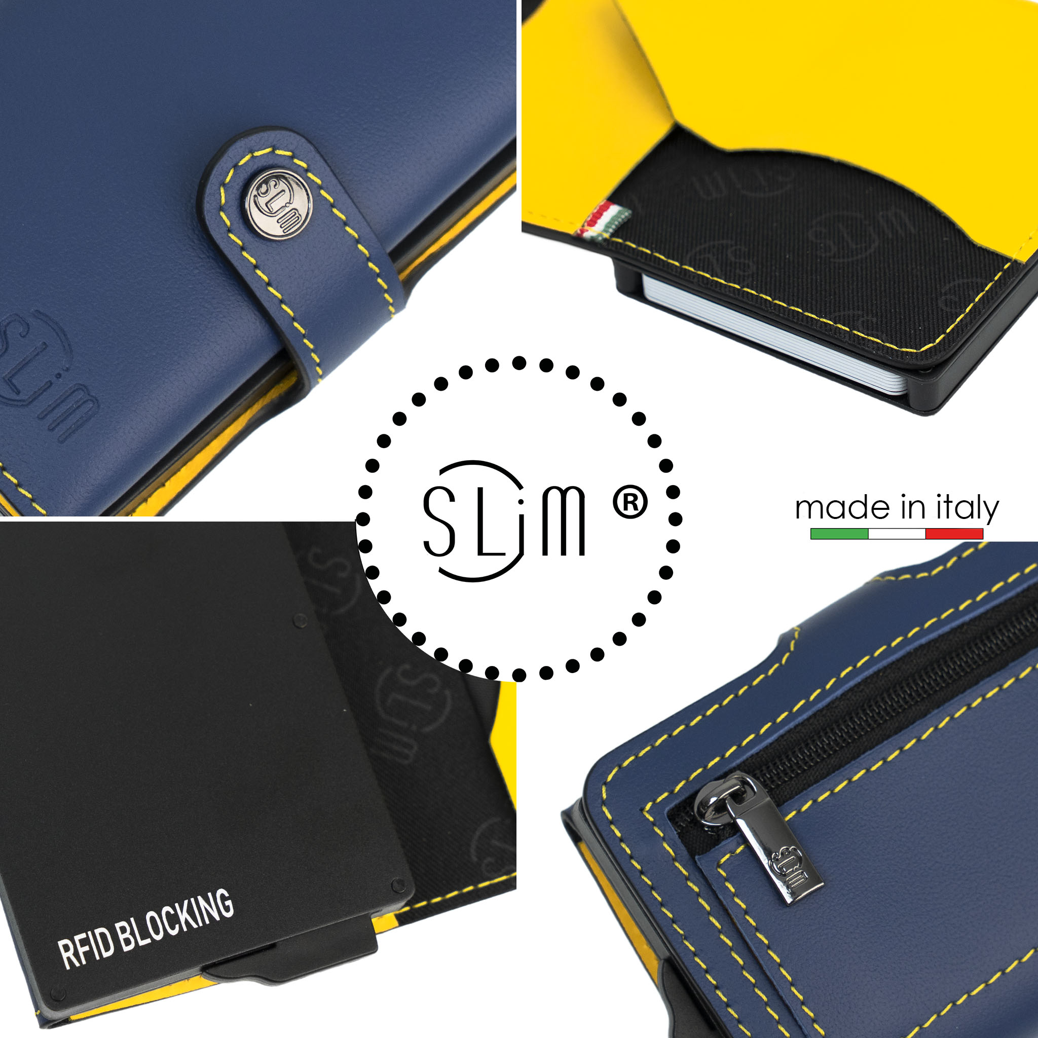 SLim Vera Pelle Blu Giallo porta carte zip 12 carte RFID