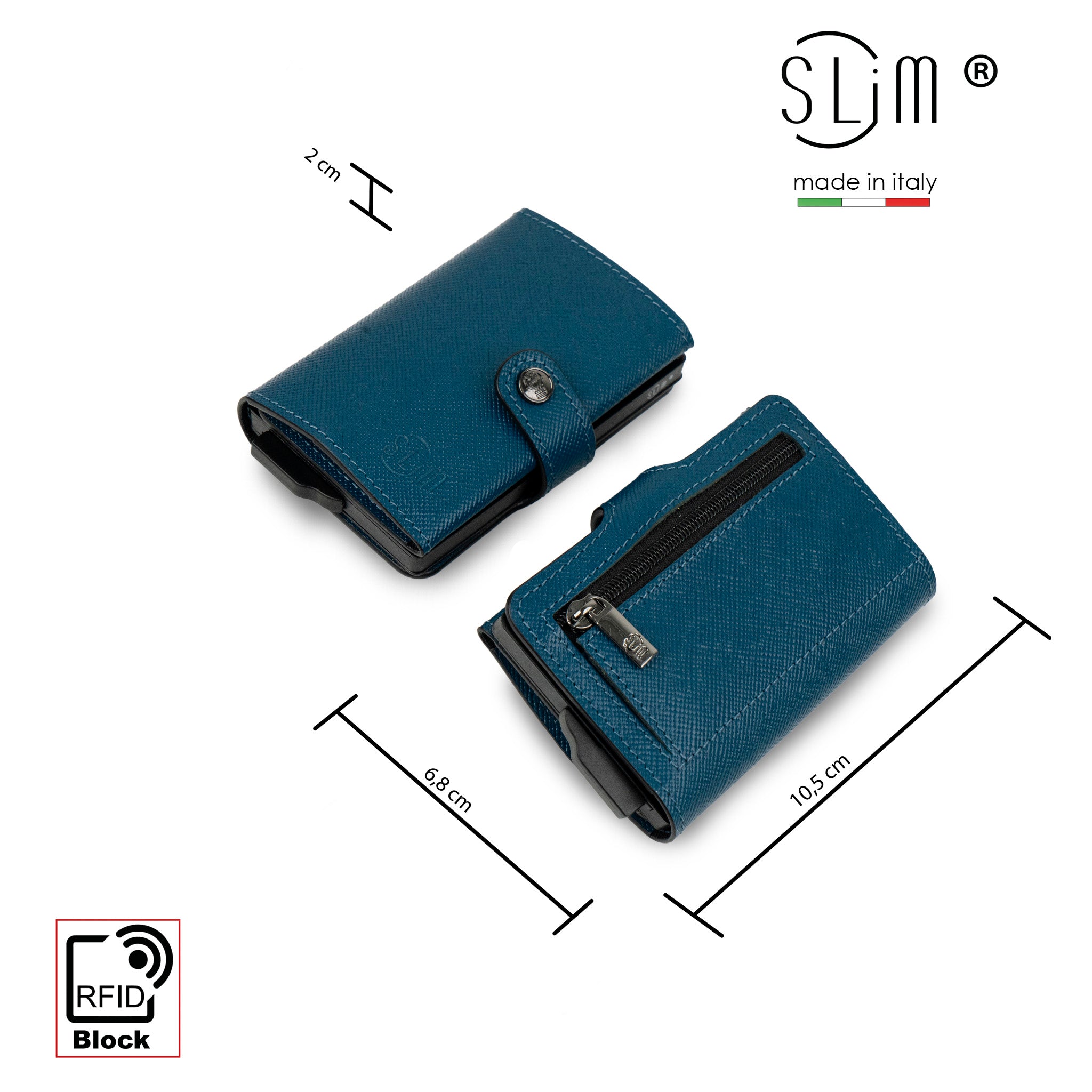 SLim Saffiano Porta Carte Pelle Petrolio Zip RFID