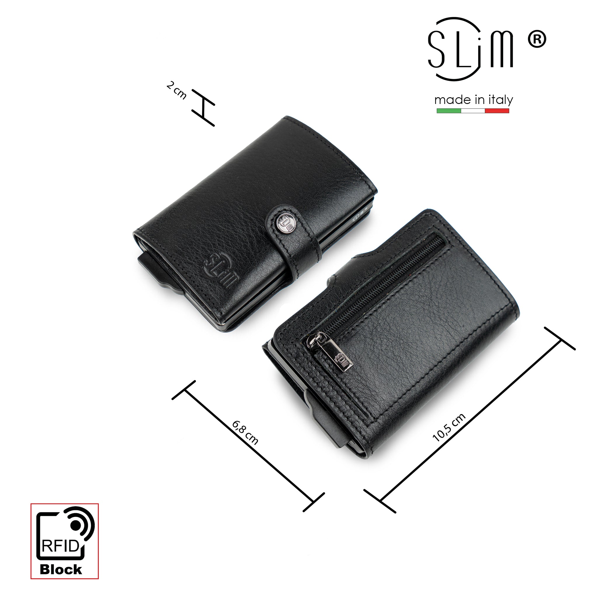 SLim Vera Pelle portacarte nero concia vegetale zip RFID