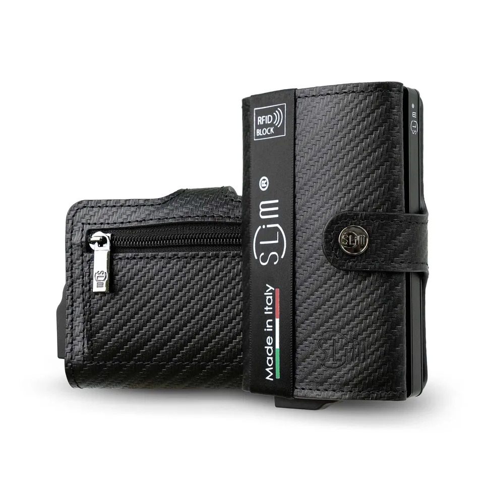 SLim Vera Pelle Carbon Nero portafoglio RFID 12 carte