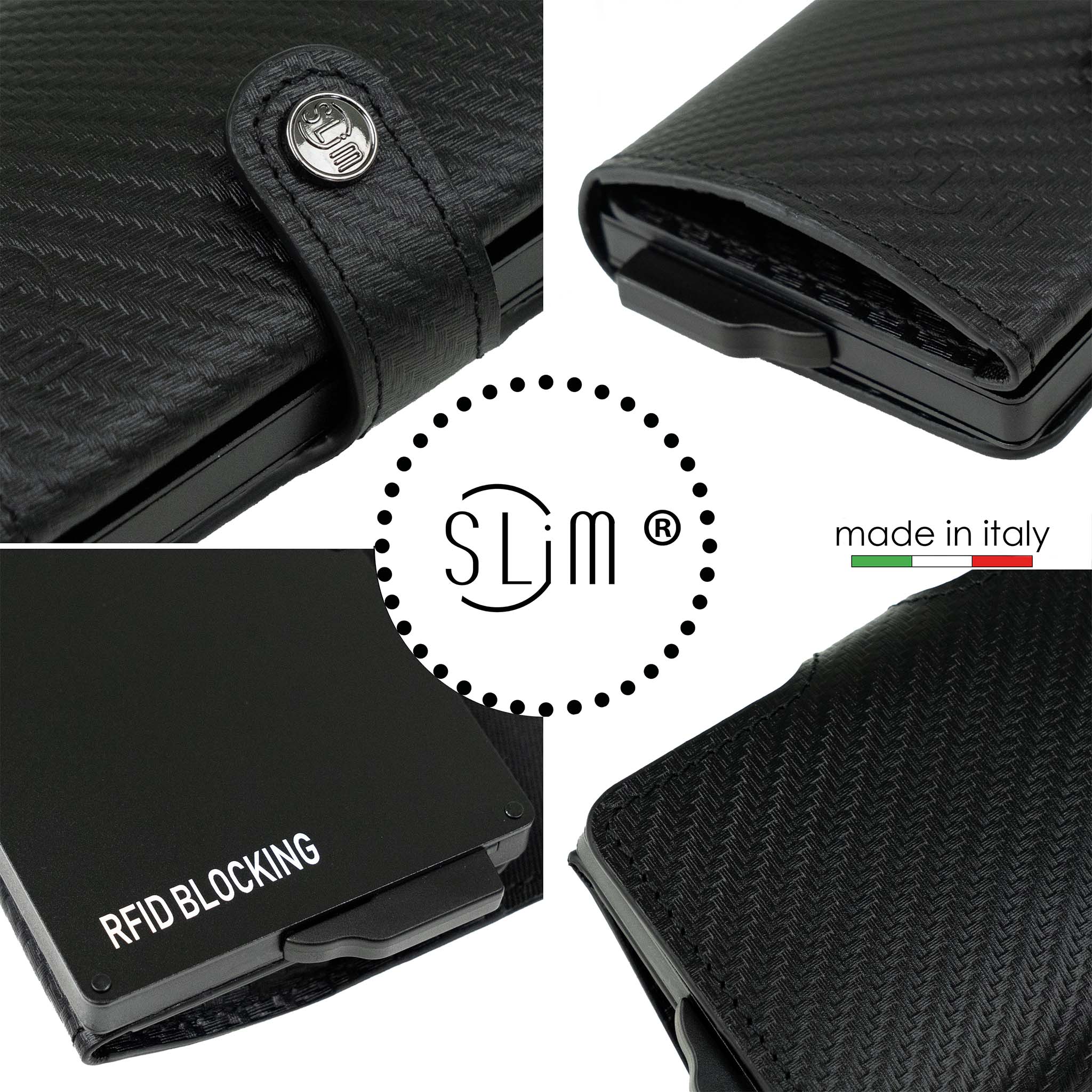 SLim Vera Pelle Carbon porta carte Nero senza zip 12 carte
