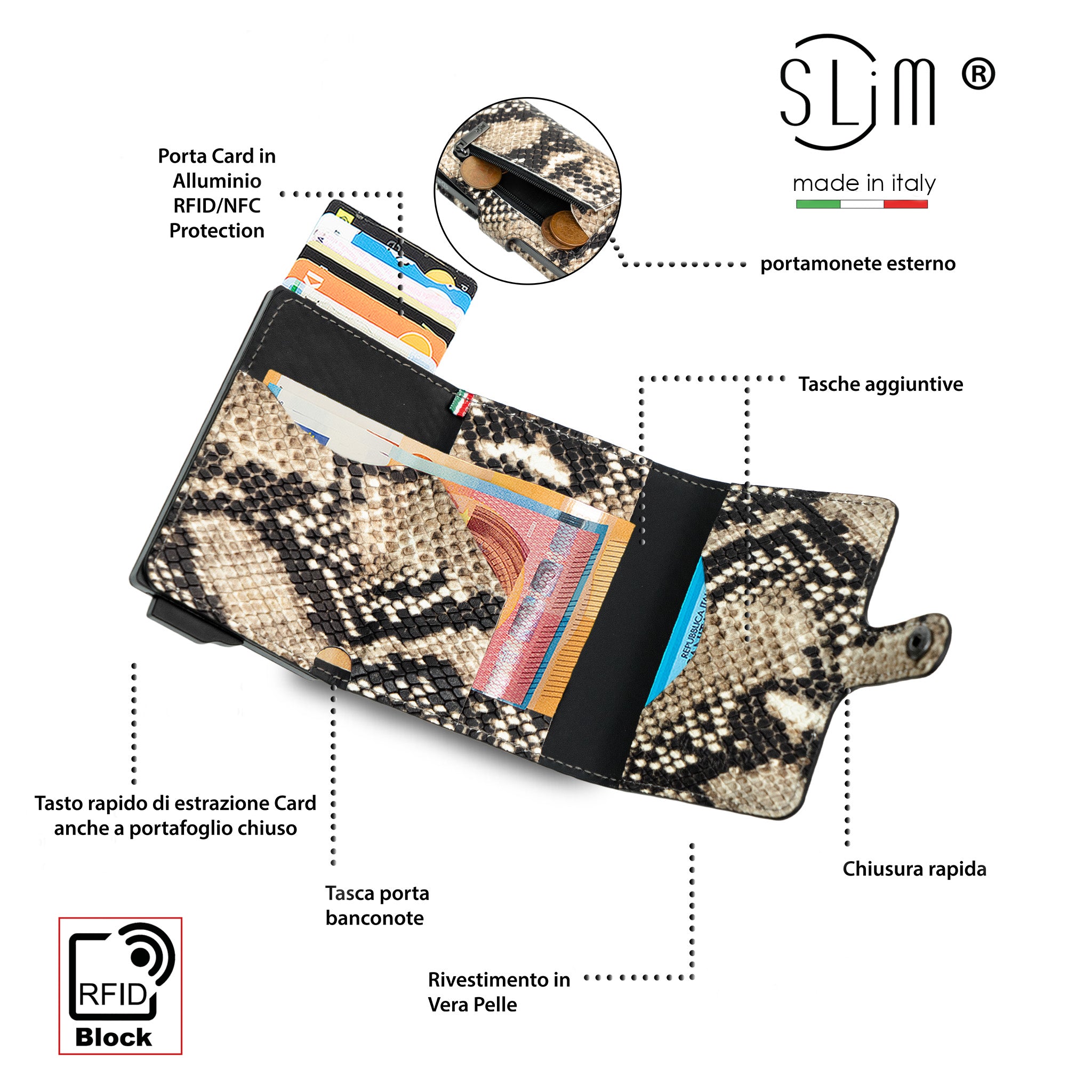 SLim Vera Pelle portafoglio compatto Rettile Beige RFID
