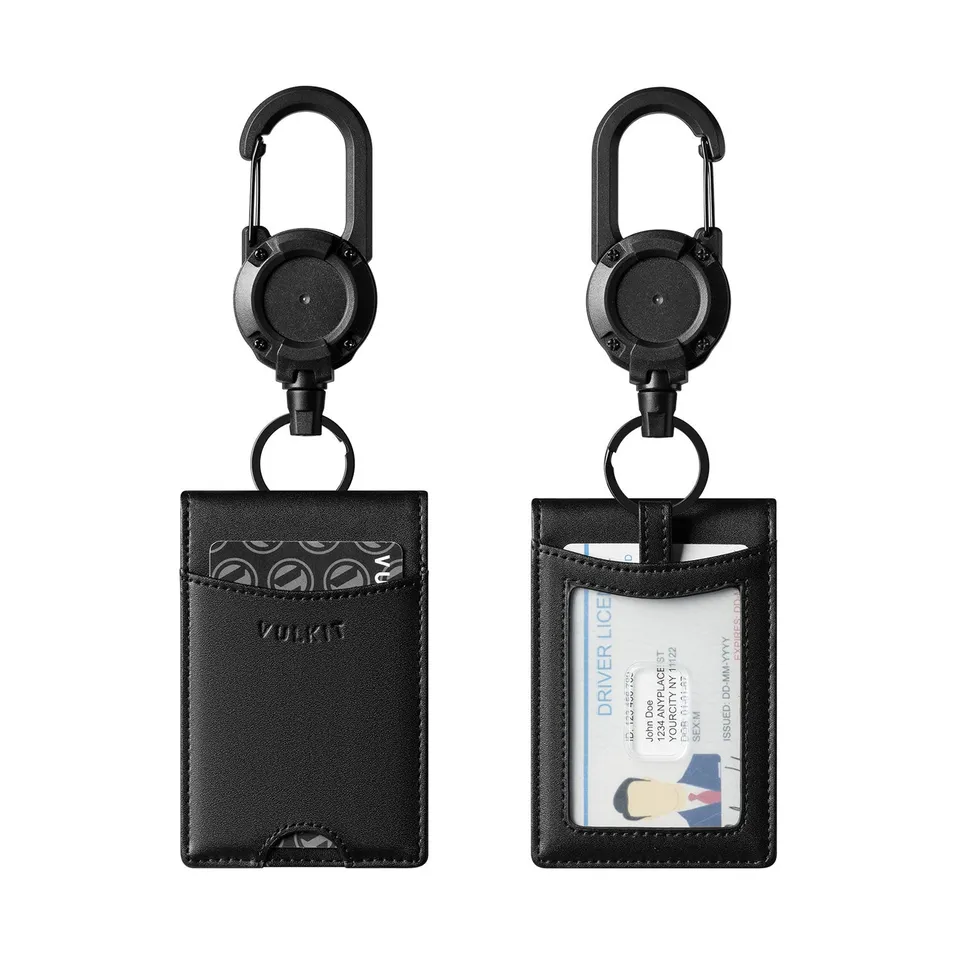Vulkit VBH102 Portabadge Pelle Nero con Clip Retrattile