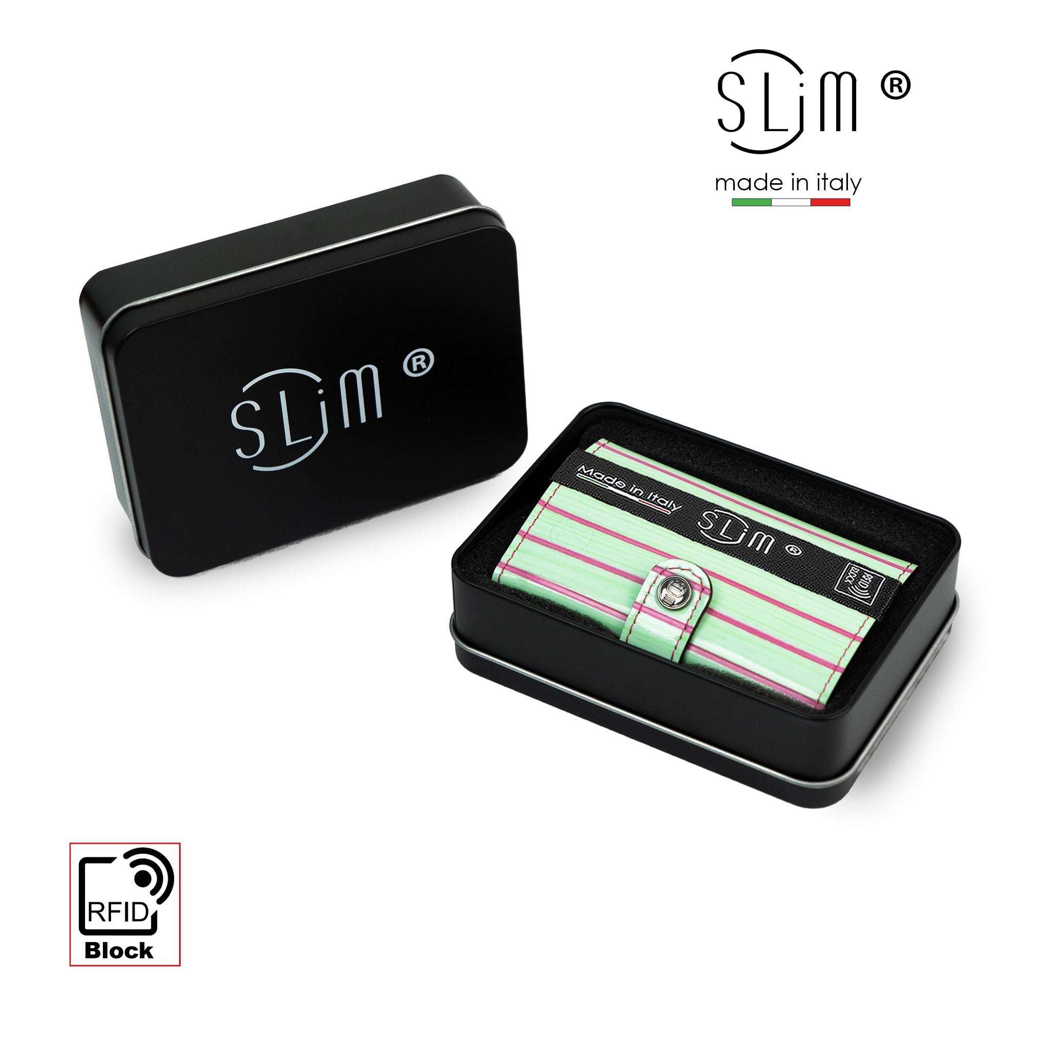 SLim Vera Pelle Lollipop Verde Fucsia Portafoglio RFID