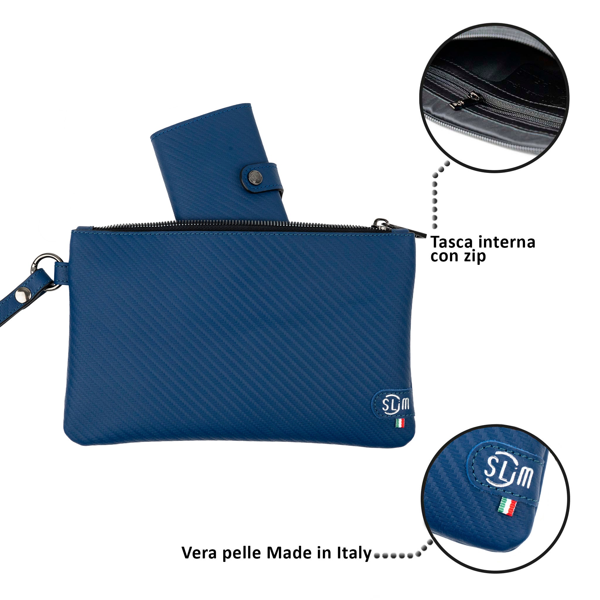 SLim Pochette Polsiera carbon blu pelle 23x14 portasmartphone
