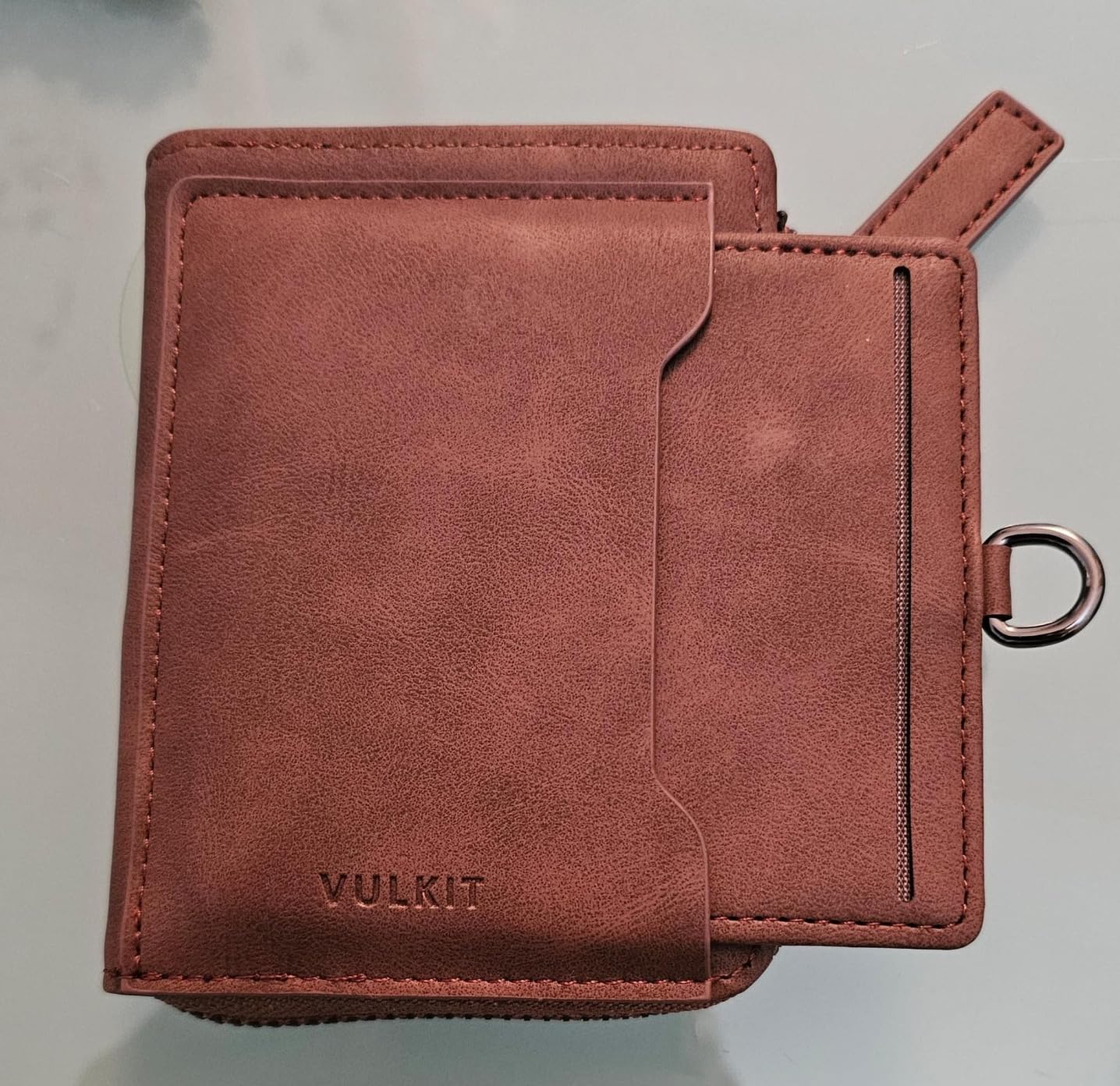 VULKIT VW117 Portafoglio Zip Pelle Marrone RFID