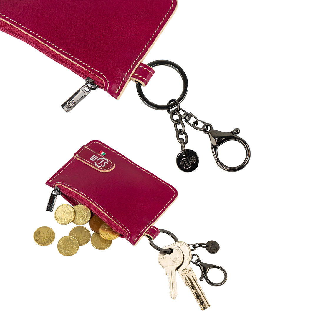 SLim Portachiavi Portamonete Pelle Fucsia Bustina Zip