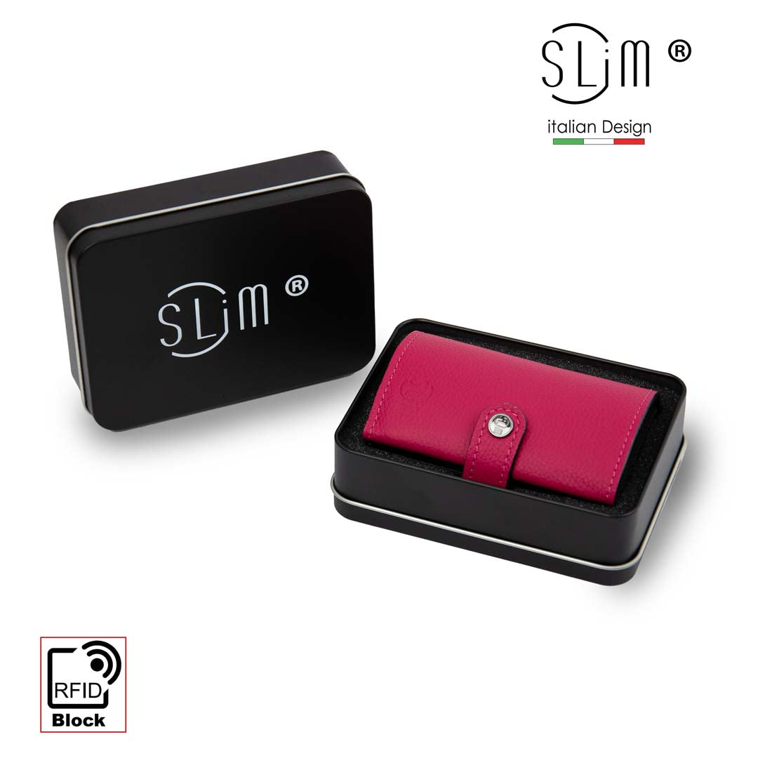 SLim Bottalato Portafoglio Pelle Fucsia Zip Monete RFID