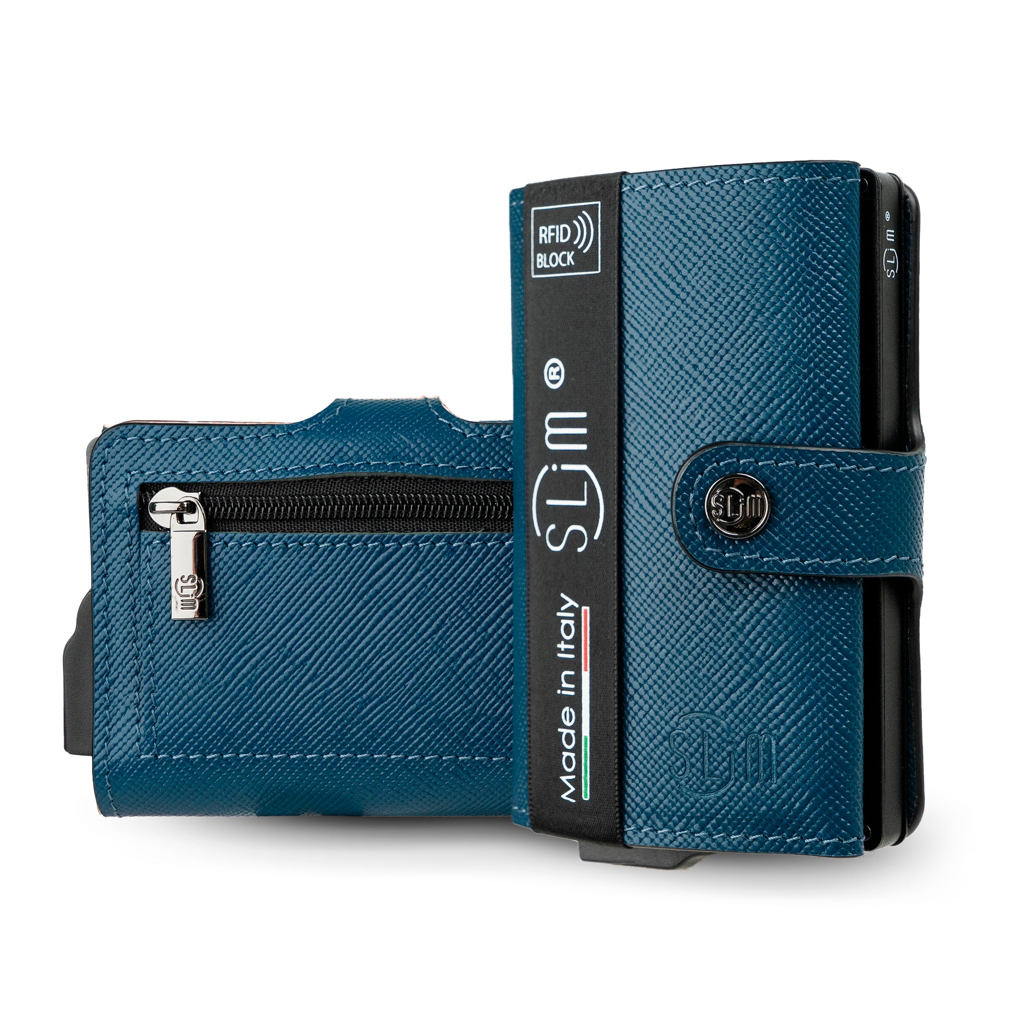 SLim Saffiano Porta Carte Pelle Petrolio Zip RFID