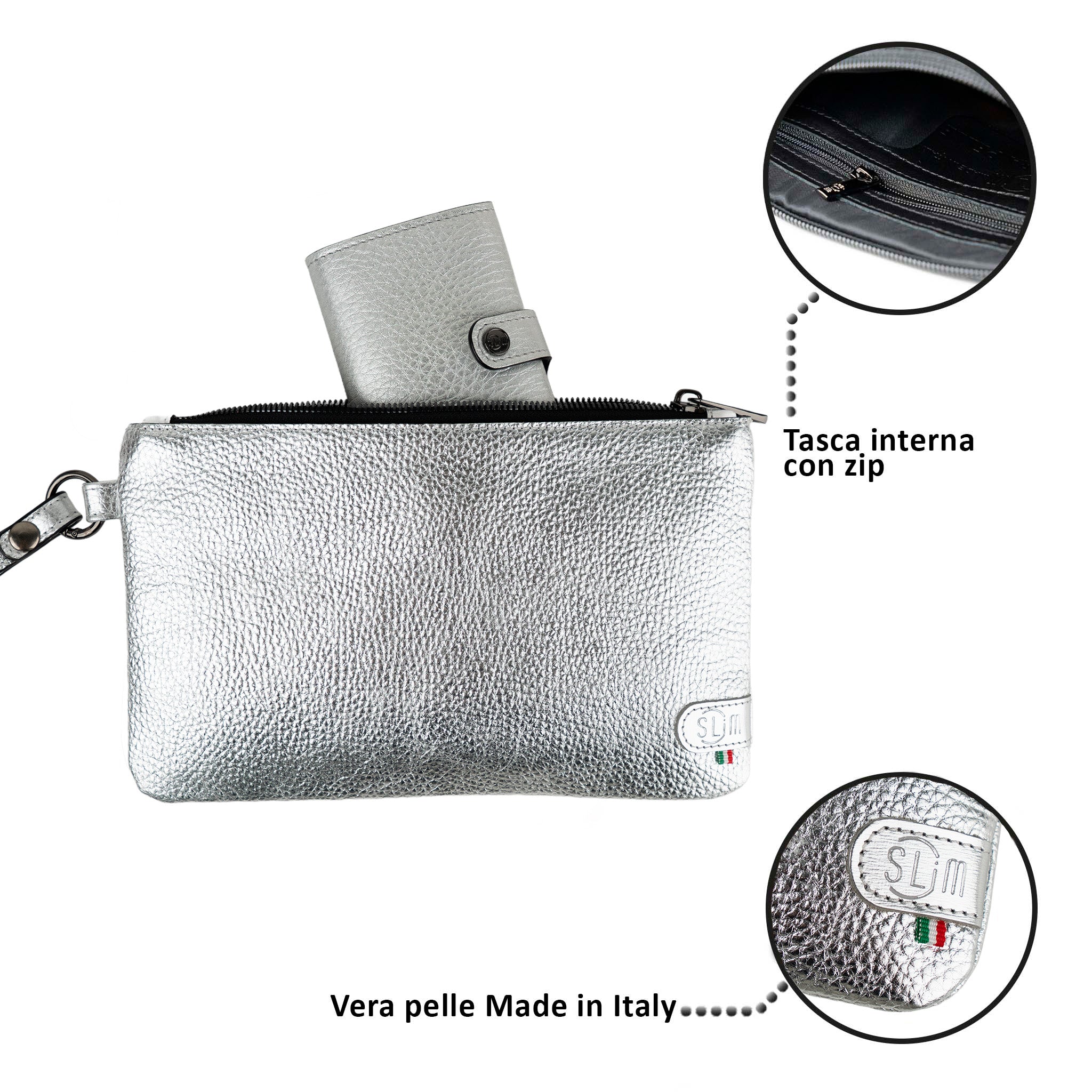 SLim Pochette Polsiera pochette argento metal vera pelle